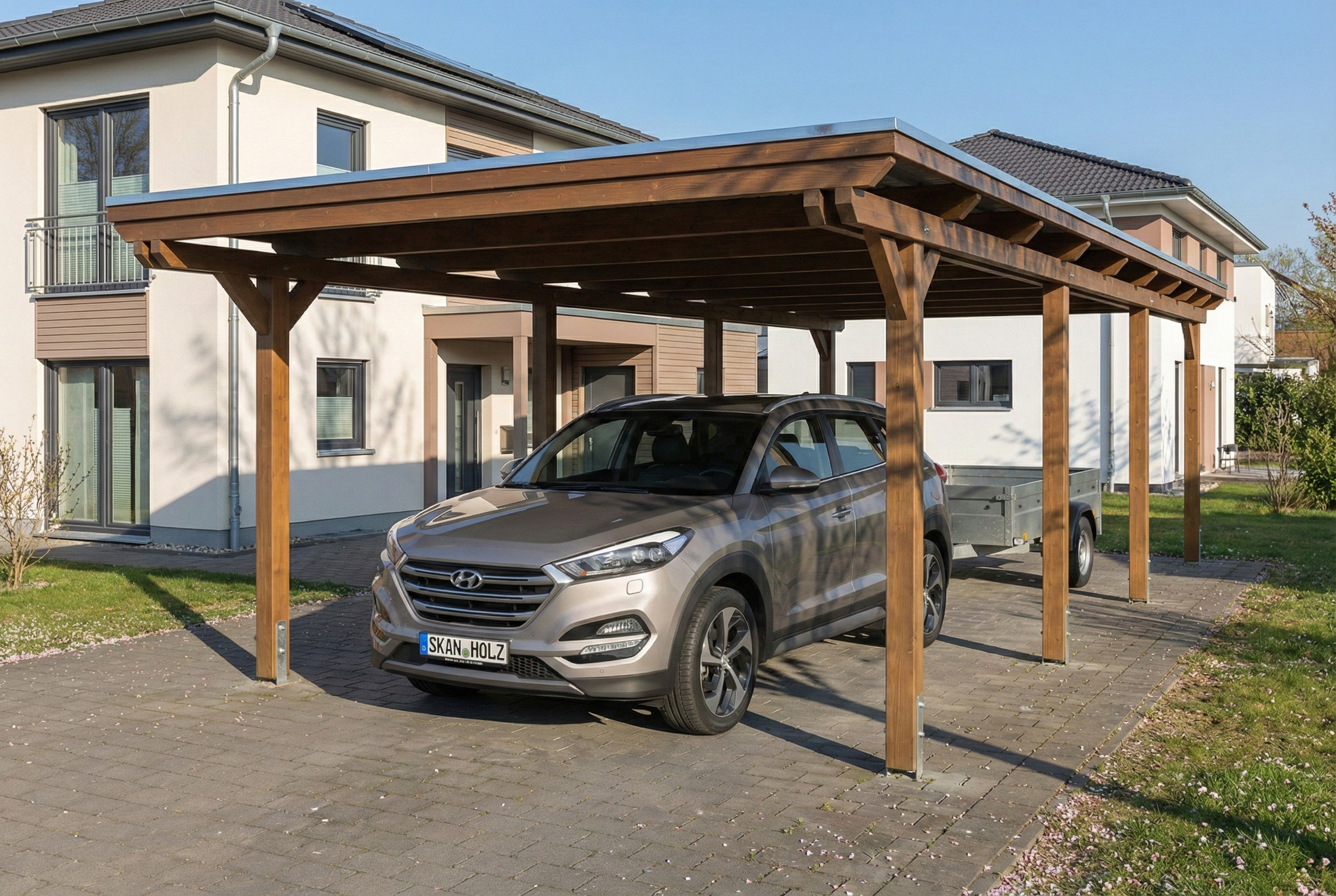 Carport Emsland 402 x 846 cm, stalen dakplaten met antiek condensvlies, walnoot