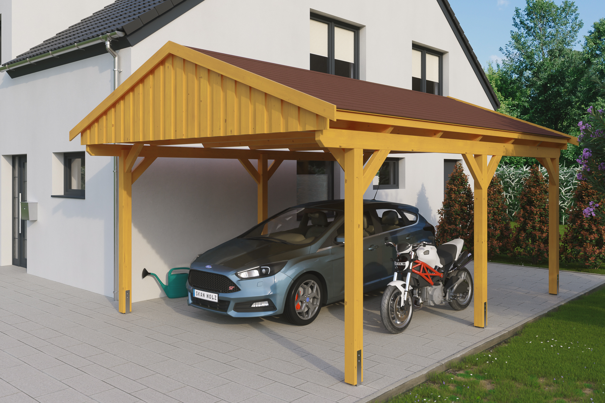 Ambientebild: Carport Fichtelberg 423 x 566 cm, farblich behandelt in eiche hell, mit roten Dachschindeln