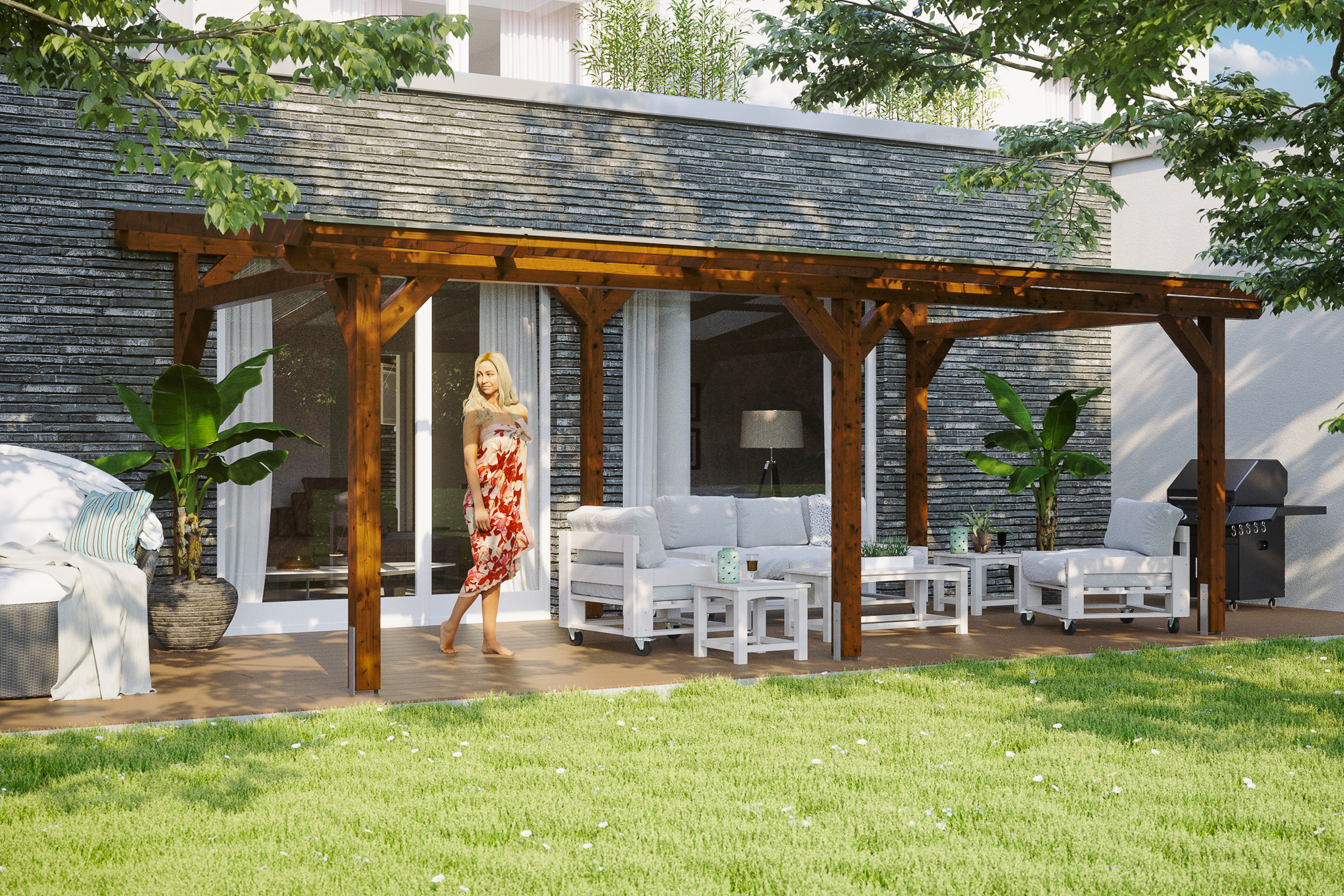 Ambientebild: Terrassenüberdachung Siena, Breite 648 cm, farblich behandelt in nussbaum