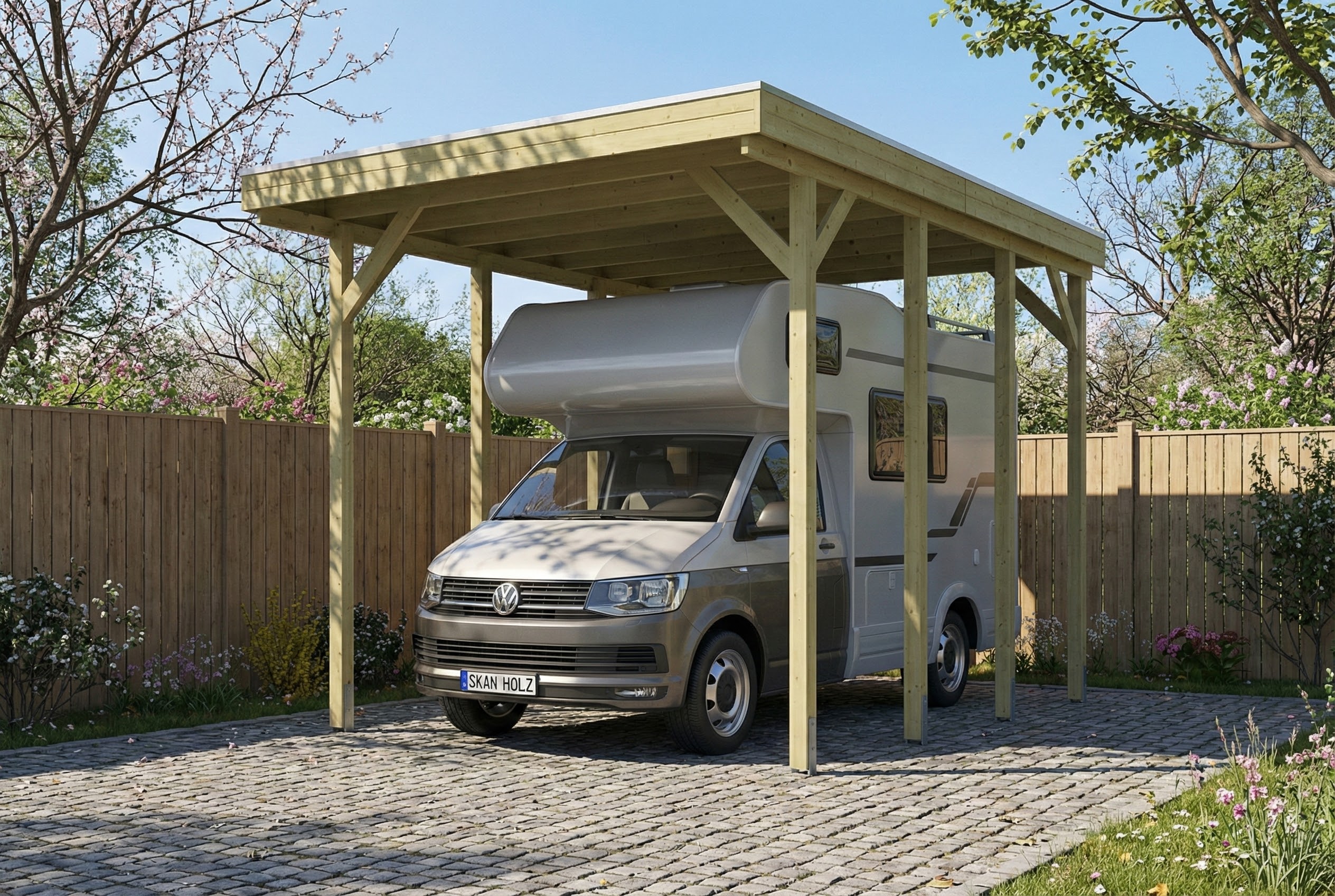 Caravan-Carport Friesland 402 x 555 cm, mit Stahl-Dachplatten, grün imprägniert