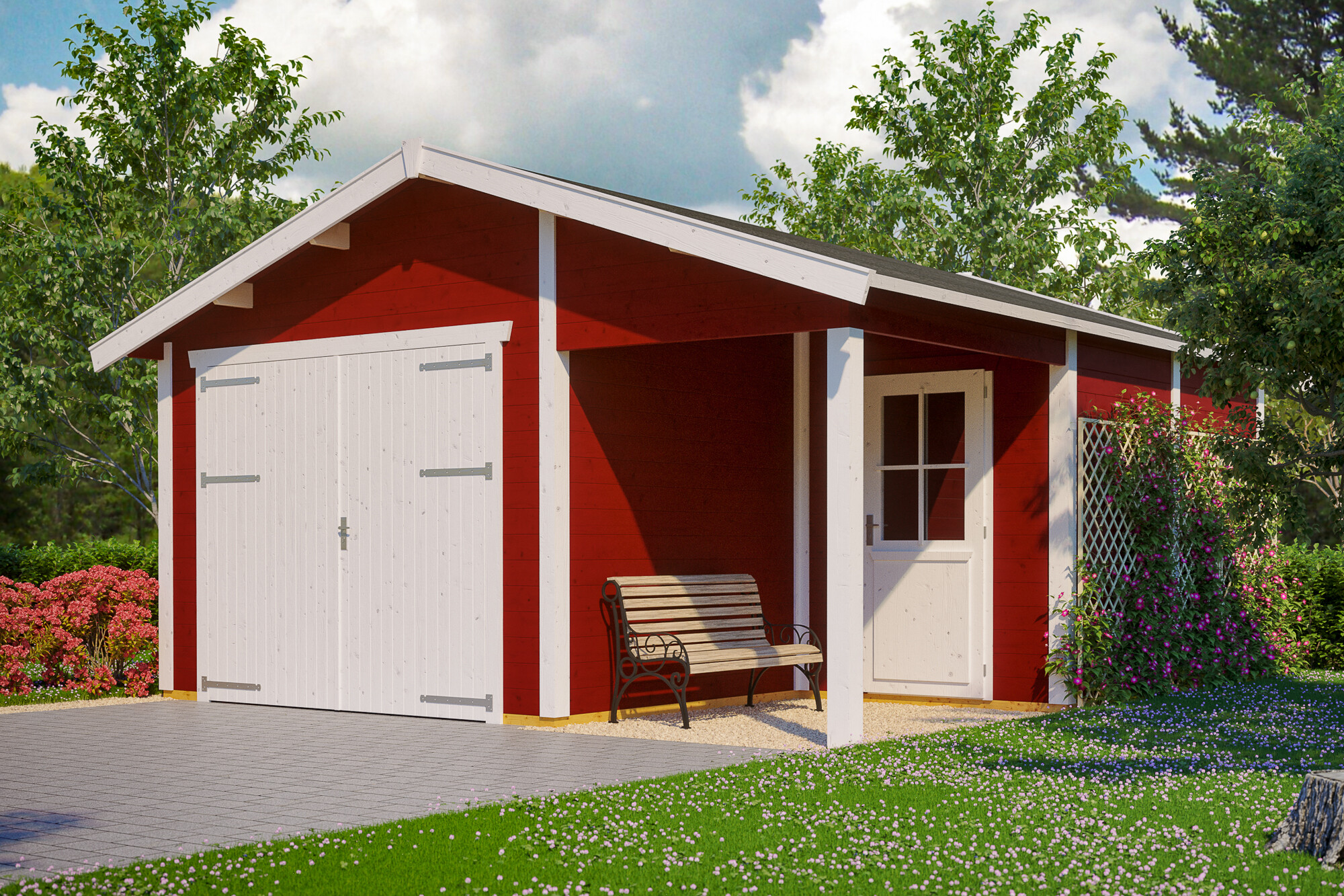 Houten garage Varberg 2, 45mm 500 x 525 cm, Zweeds rood