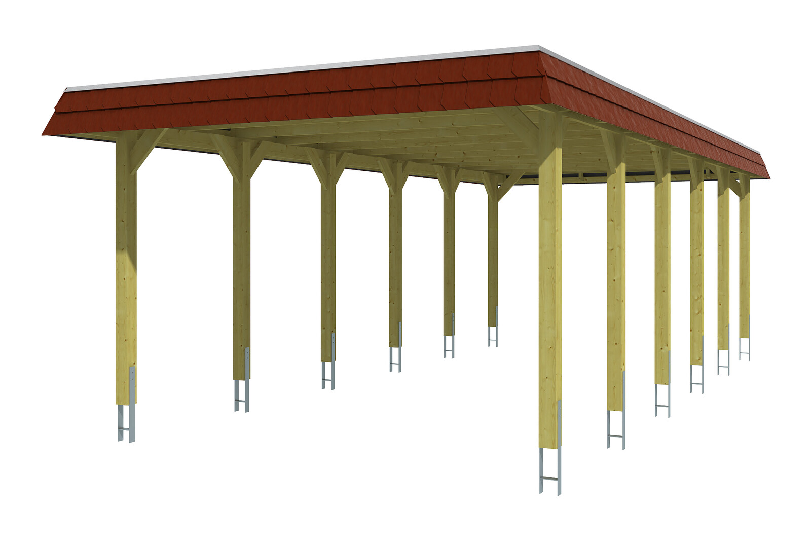 Carport SPREEWALD 396x893cm, toit en aluminium, bandeau rouge, bois résineux imprégné, traitement coloré noyer