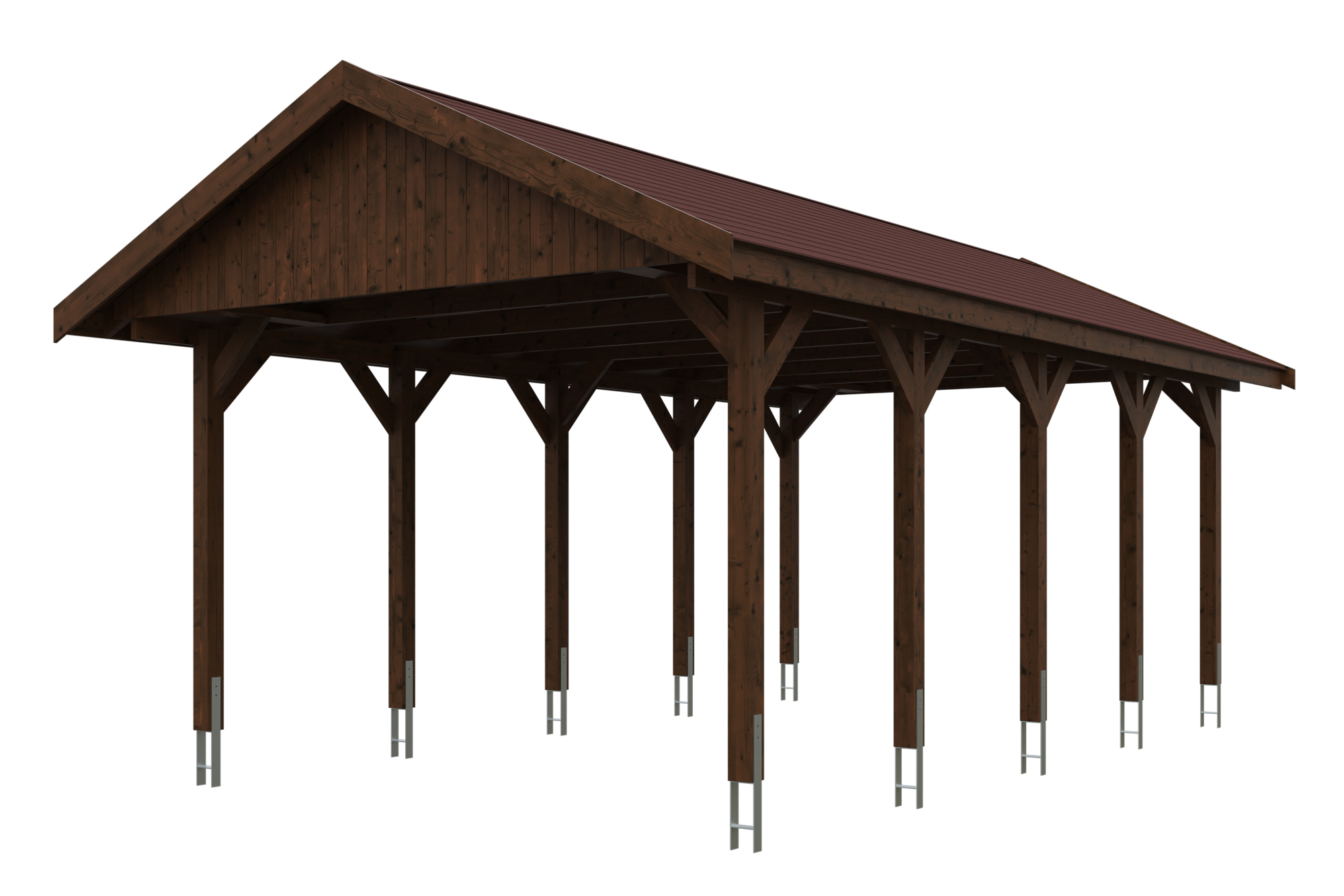 Produktbild: Carport Wallgau 430 x 750 cm, mit roten Dachschindeln, farblich behandelt in nussbaum