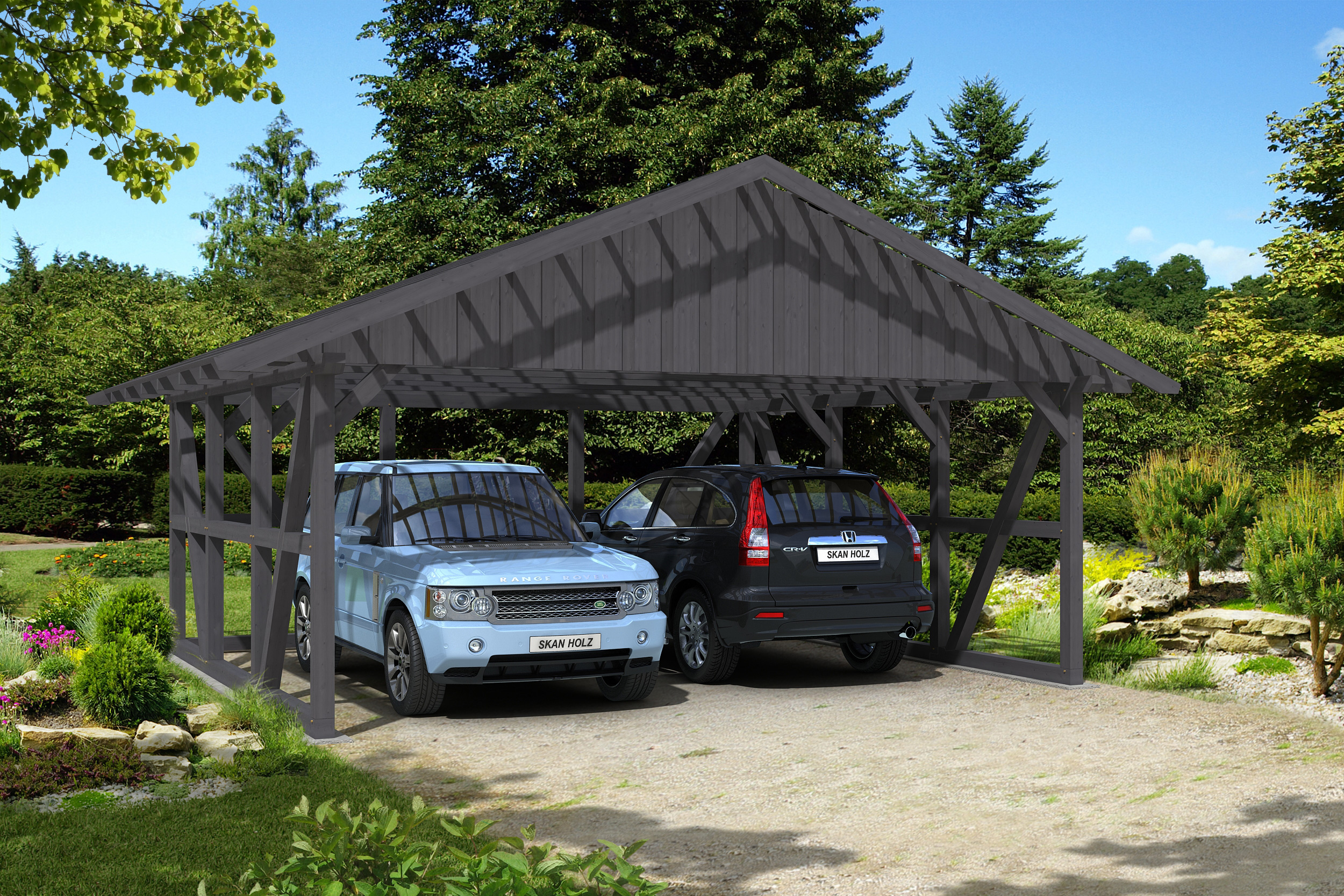 Carport Schwarzwald 684 x 600 cm, met achterwand, met daklatten, gelakt in leigrijs
