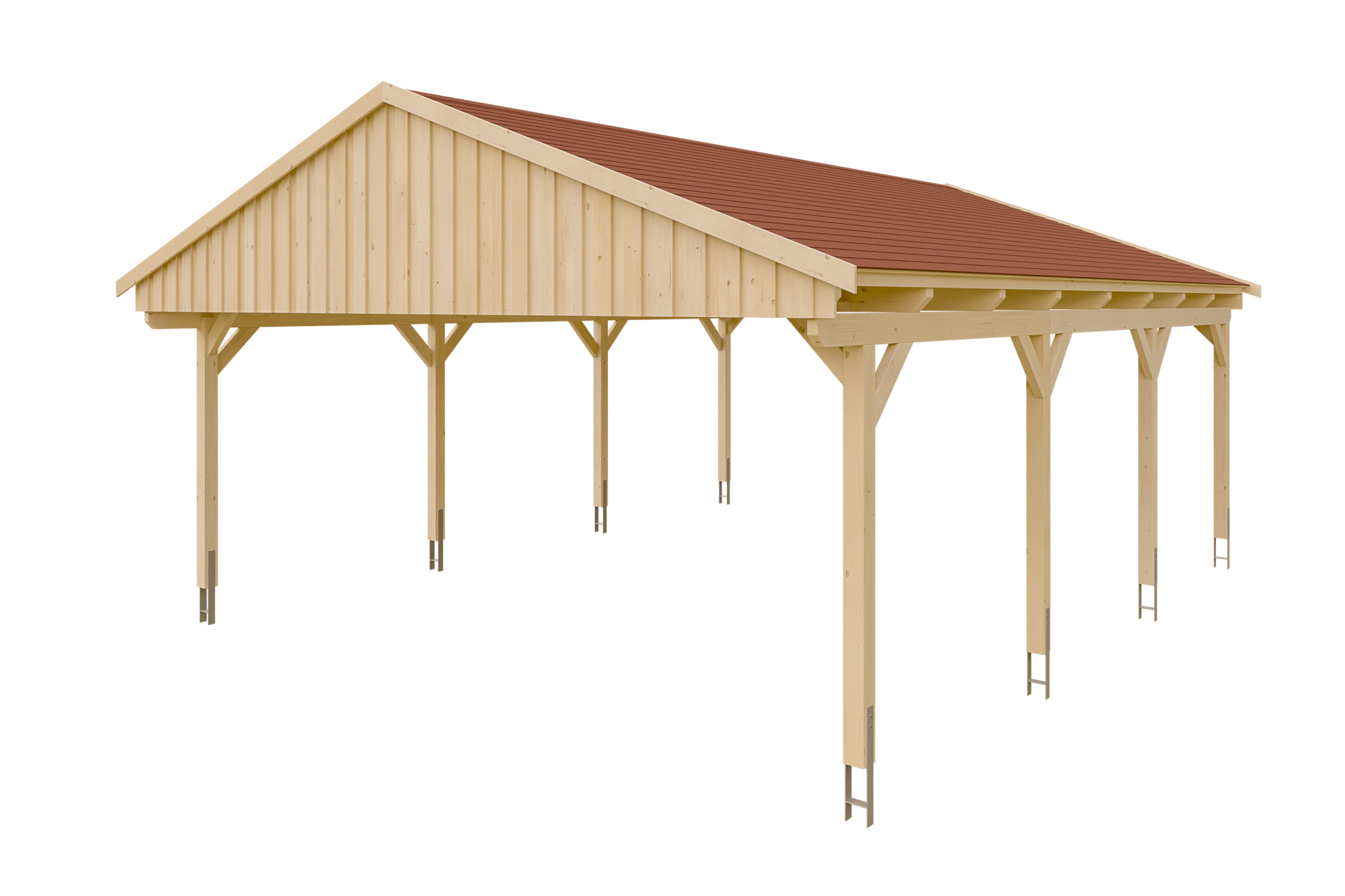 Carport Fichtelberg 618 x 808 cm, rode dakshingels, onbehandeld