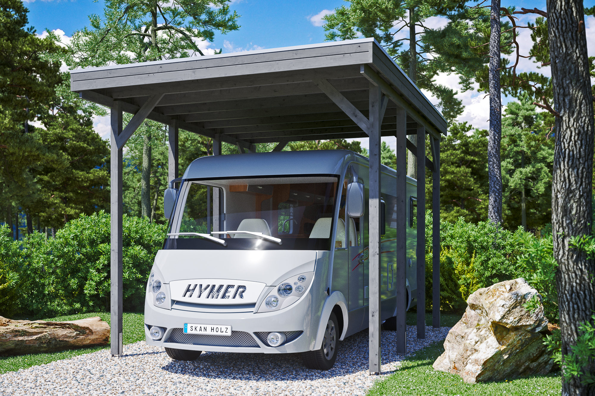 Ambientebild: Carport Friesland Caravan 397 x 555 cm, farblich behandelt in schiefergrau