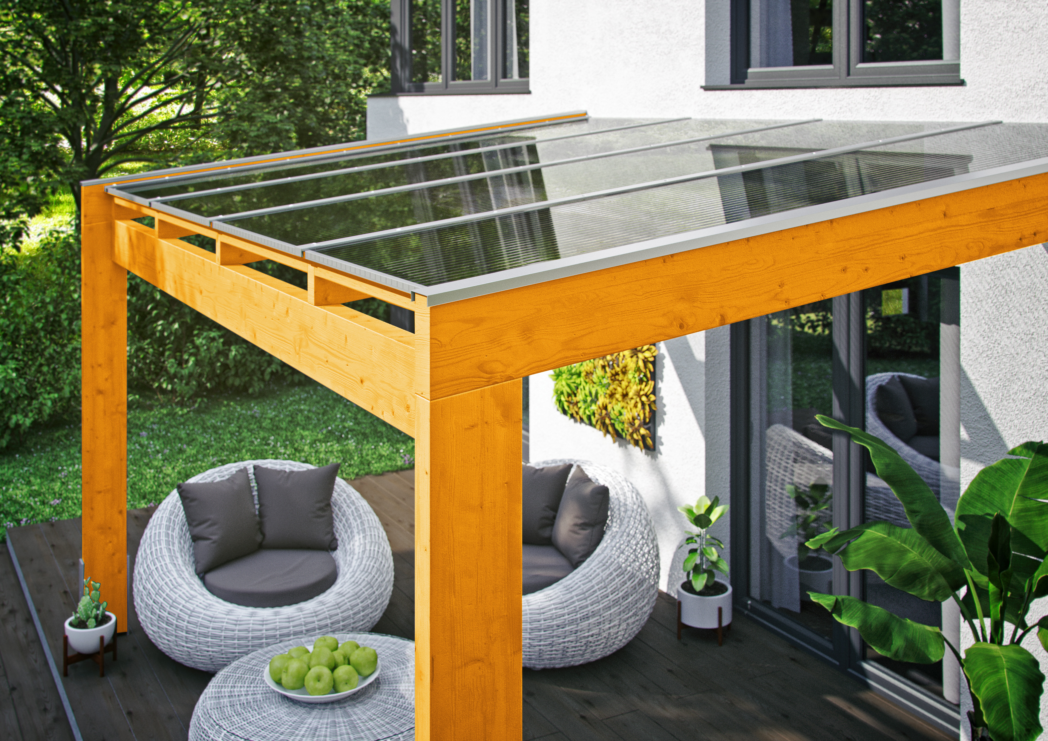 Draufsicht einer Terrassenüberdachung Novara farblich behandelt farblich behandelt in eiche hell