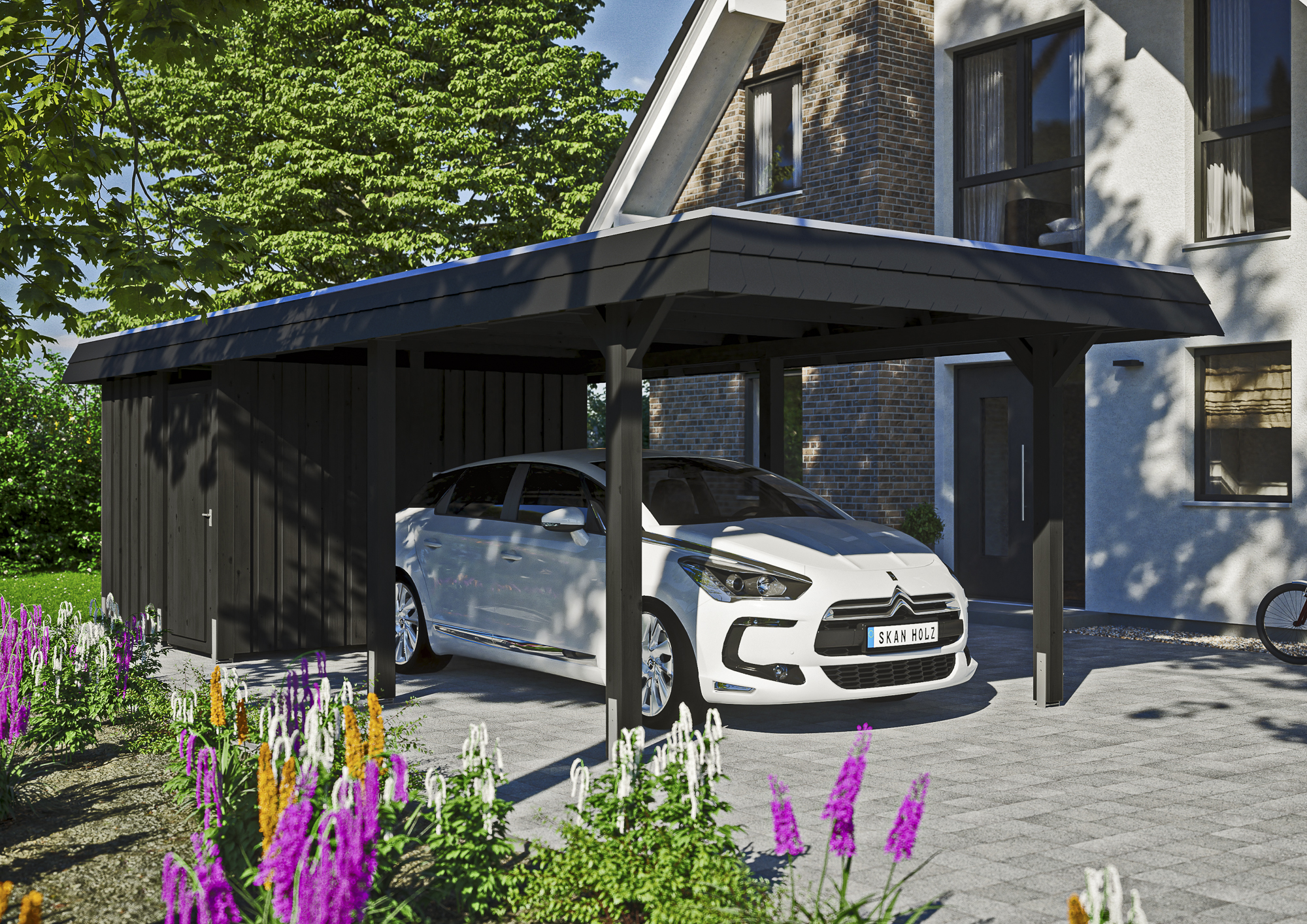 Ambientebild: Carport Wendland 362 x 870 cm, mit Abstellraum, mit schwarzer Blende, farblich behandelt in anthrazit