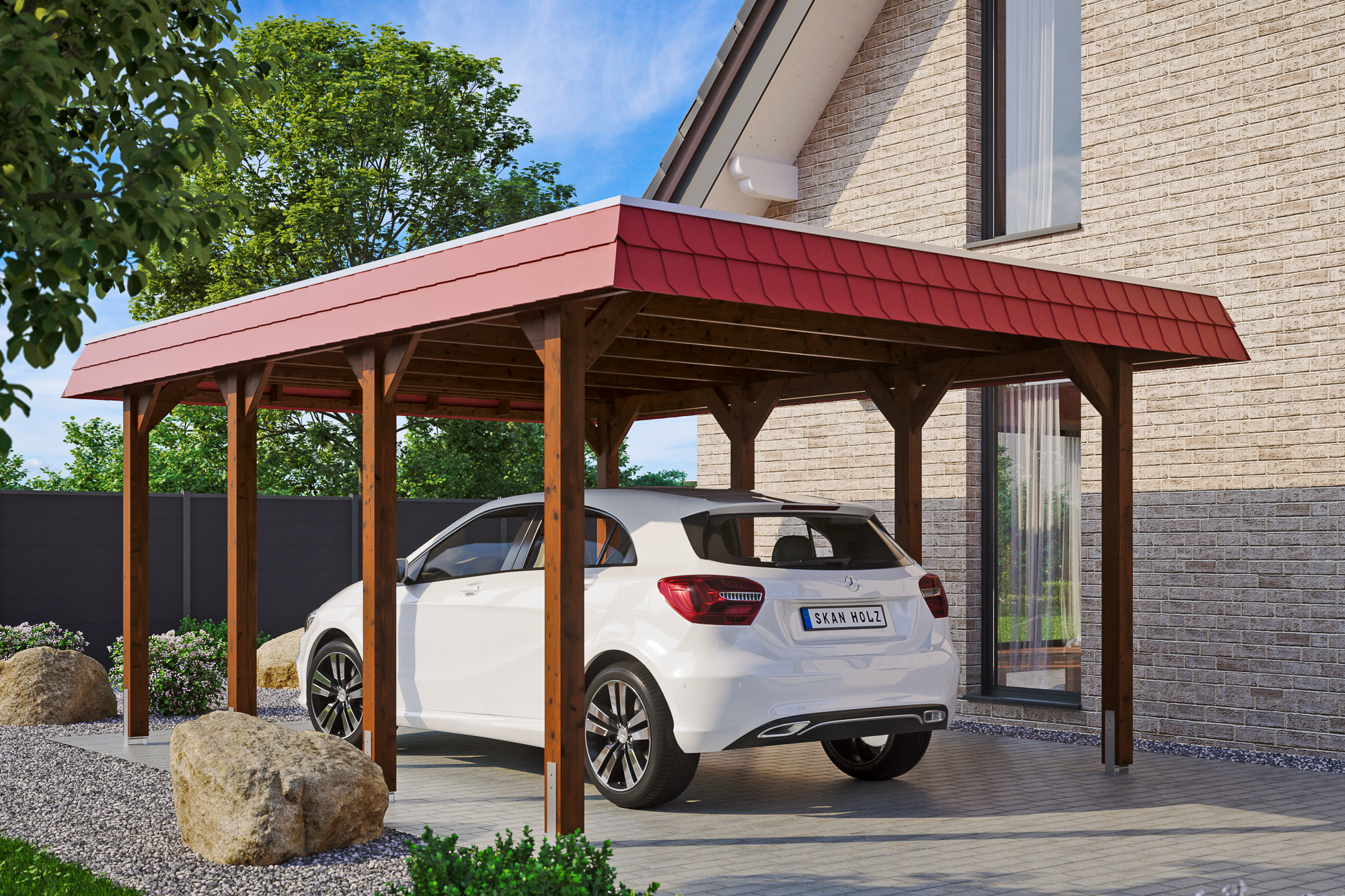 Ambientebild: Carport Spreewald 396 x 589 cm mit roter Blende, farblich behandelt in nussbaum
