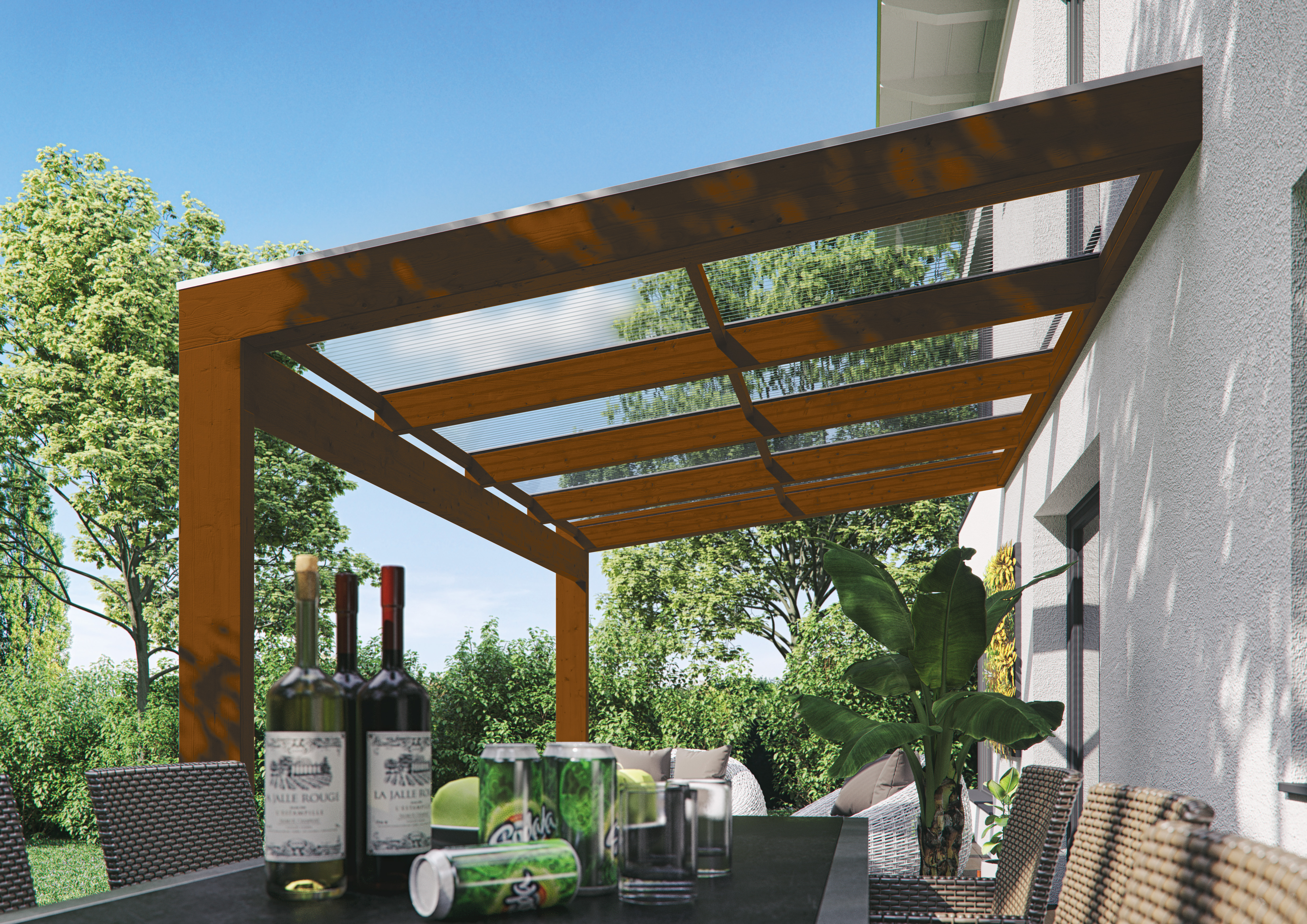 Seitenansicht einer Terrassenüberdachung Novara farblich behandelt in nussbaum