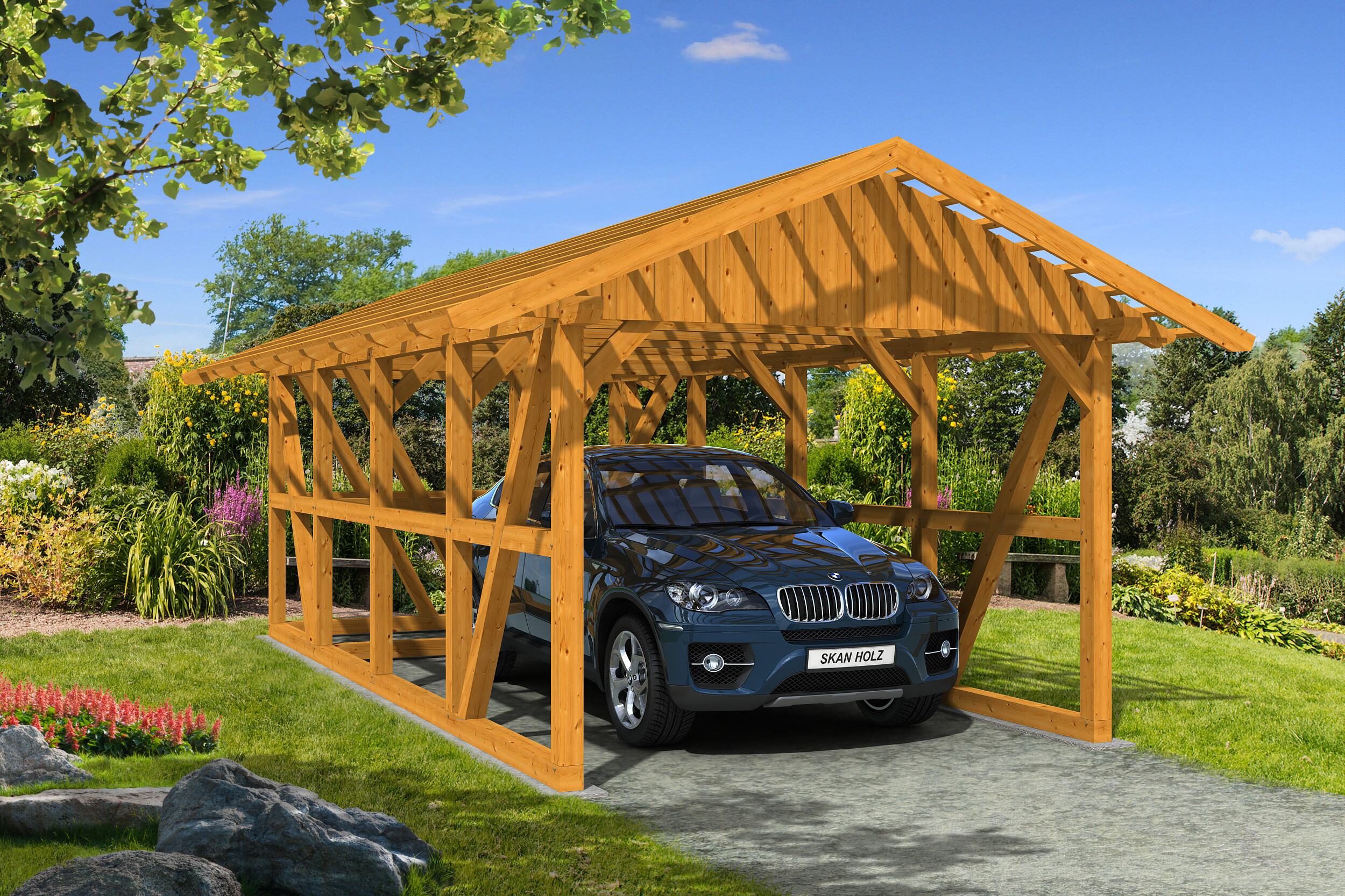 Carport Schwarzwald 424 x 772 cm with storage room, colour pre-treated light oak