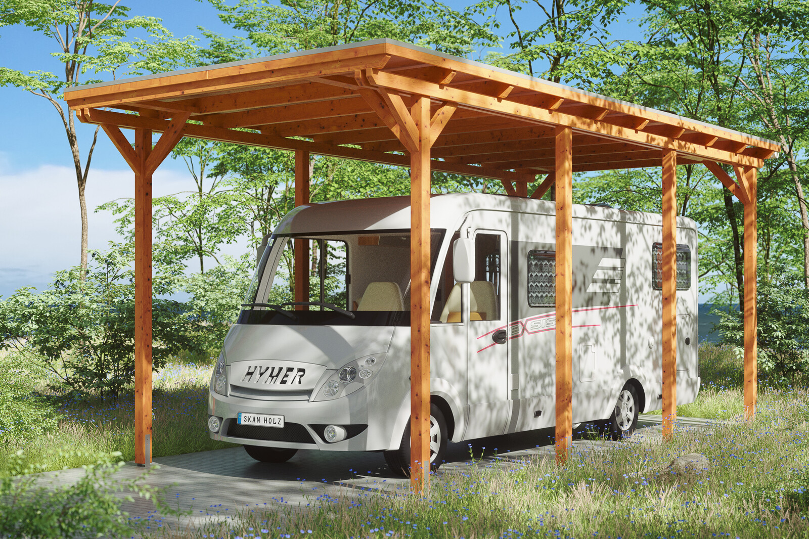 Caravan-carport EMSLAND 404x846cm, bois lamellé-collé, traitement coloré chêne clair