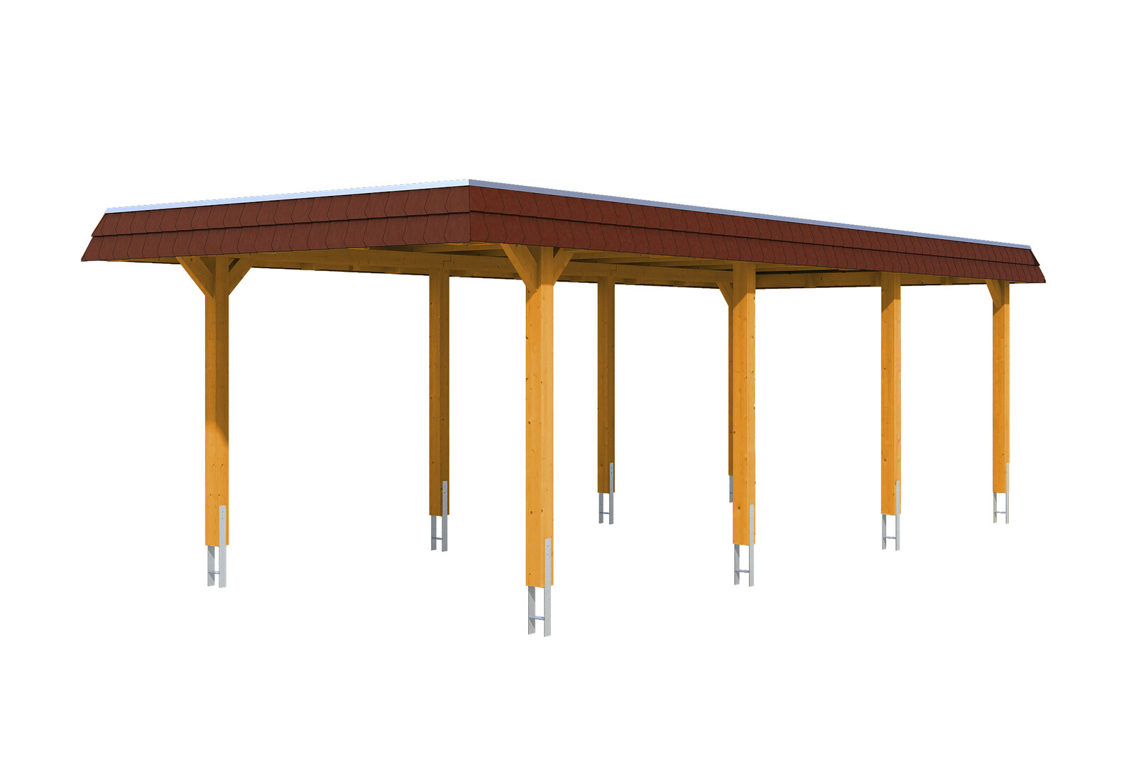 Carport Wendland 362 x 870 cm mit EPDM-Dach, rote Blende, eiche hell