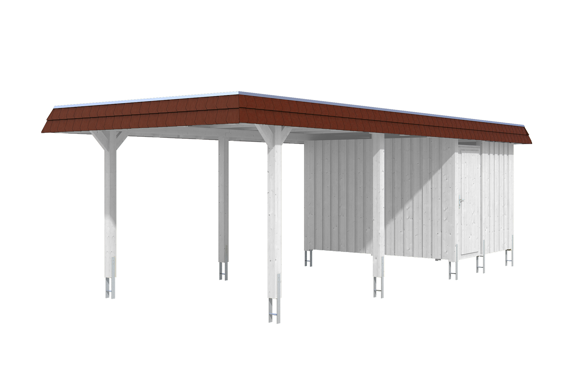 Produktbild: Carport Wendland 362 x 870 cm, mit Abstellraum, mit roter Blende, farblich behandelt in weiß