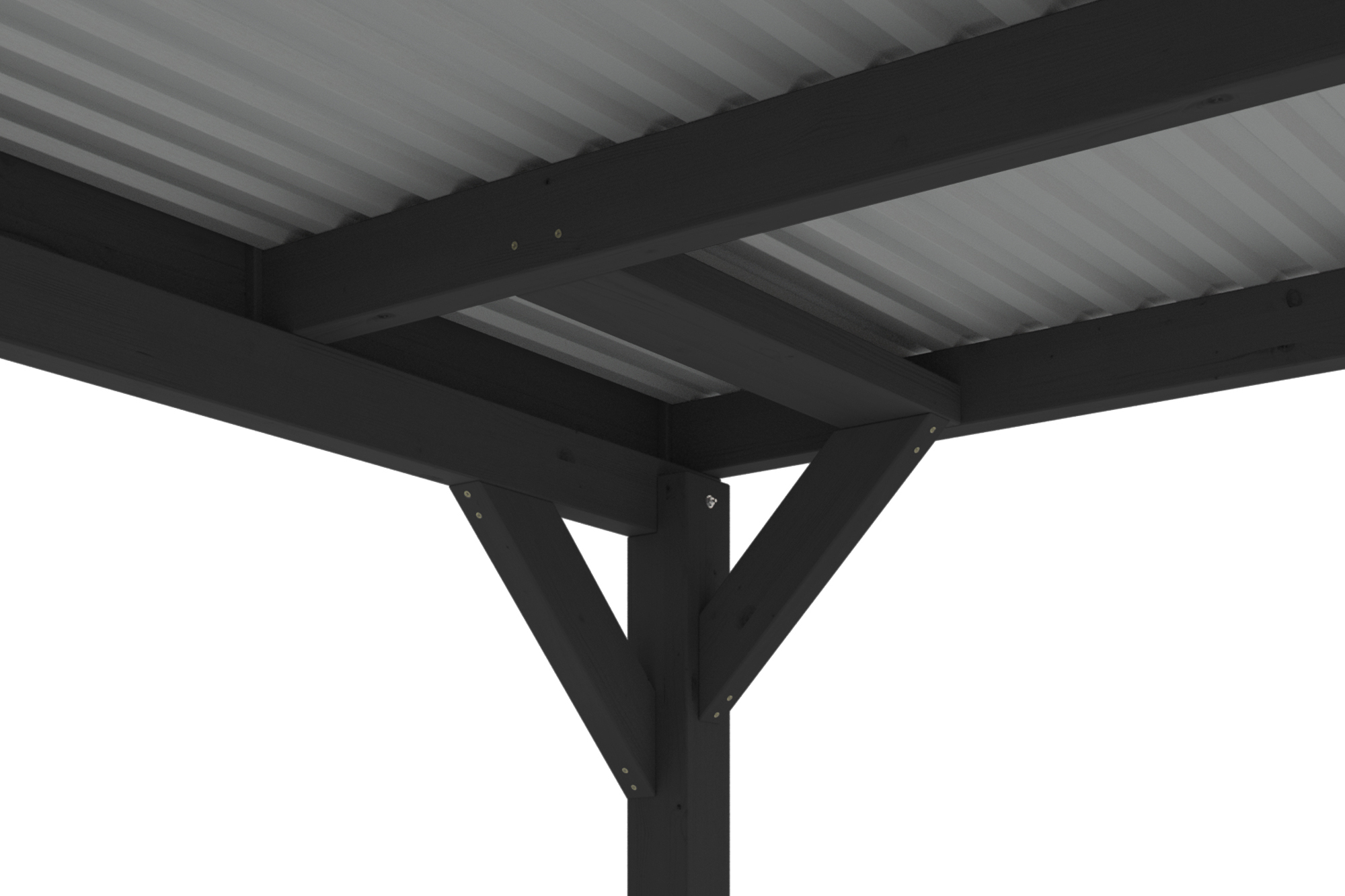 Detailbild: Dachkonstruktion beim Carport Grunewald, farblich behandelt in anthrazit, mit Aluminiumdachplatten (von unten)