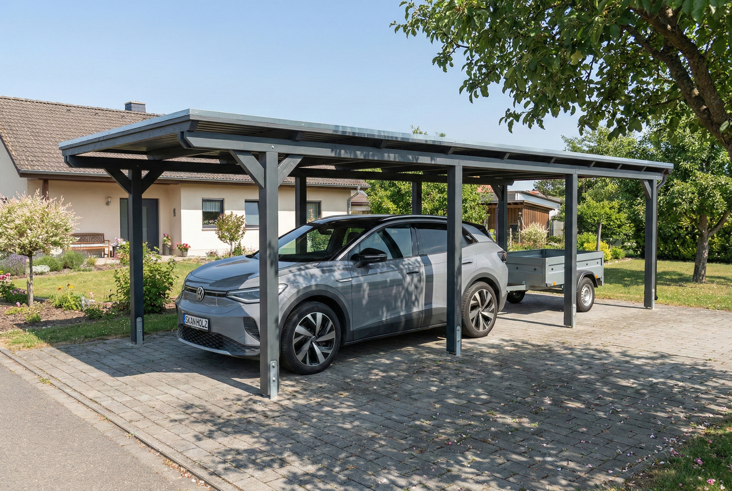 Carport Emsland 340 x 846 cm, stalen dakplaten met anticondensvlies, leigrijs