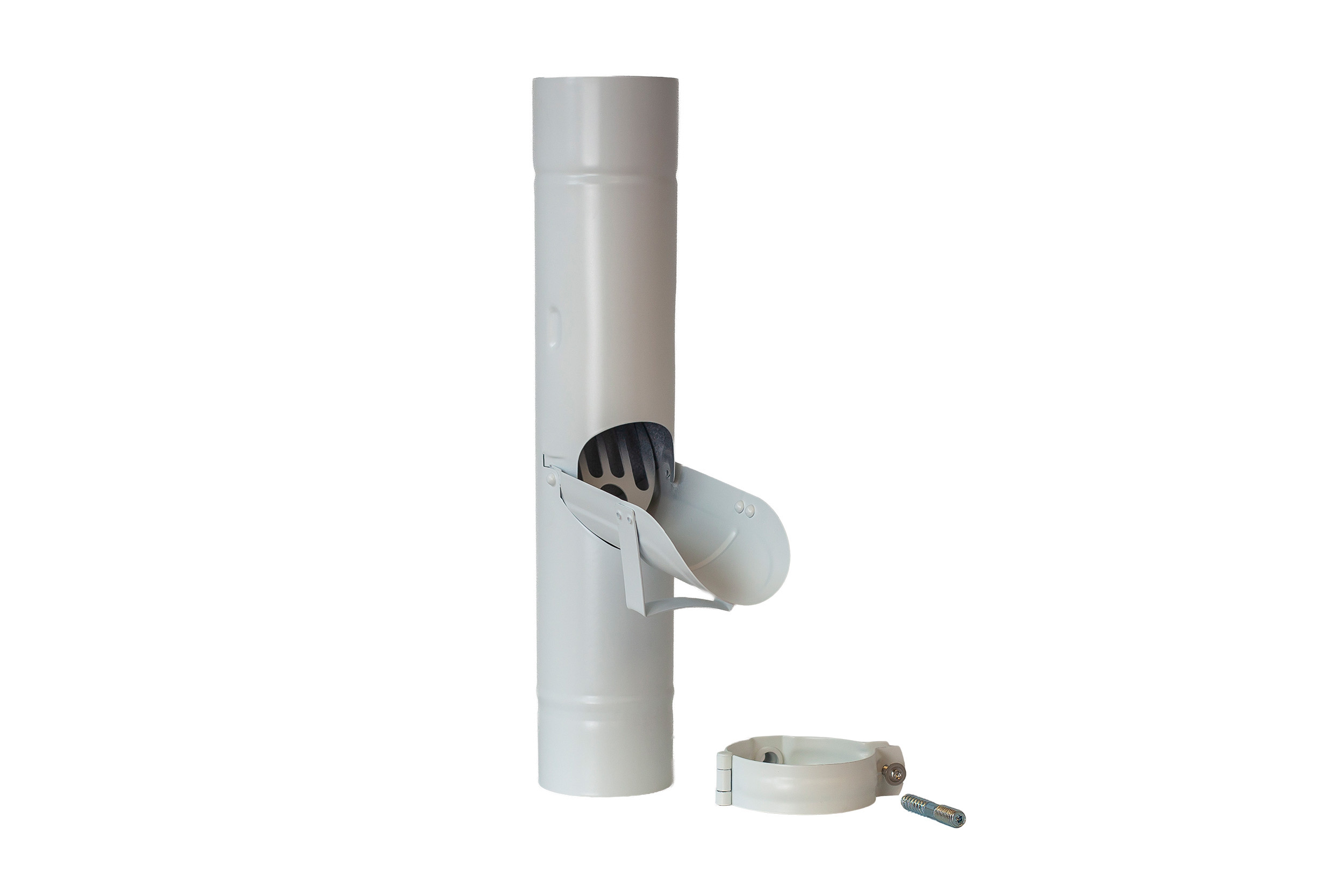 Regenrohrklappe Ø 80 mm mit Sieb, verzinkter Stahl, weiß beschichtet