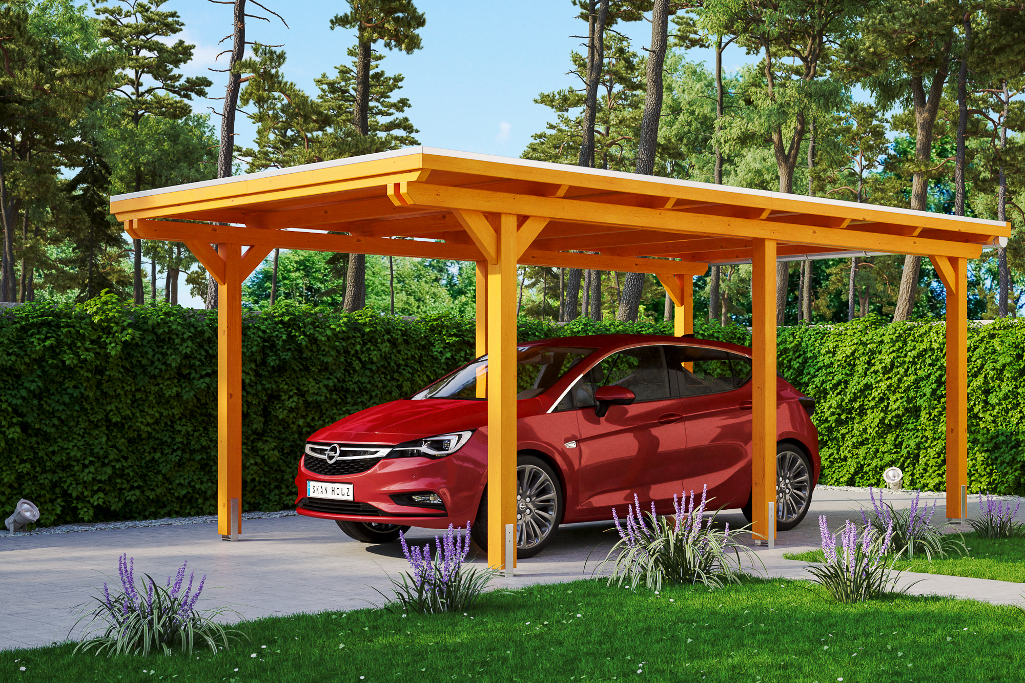 Ambientebild: Carport Emsland 354 x 604 cm, farblich behandelt in eiche hell