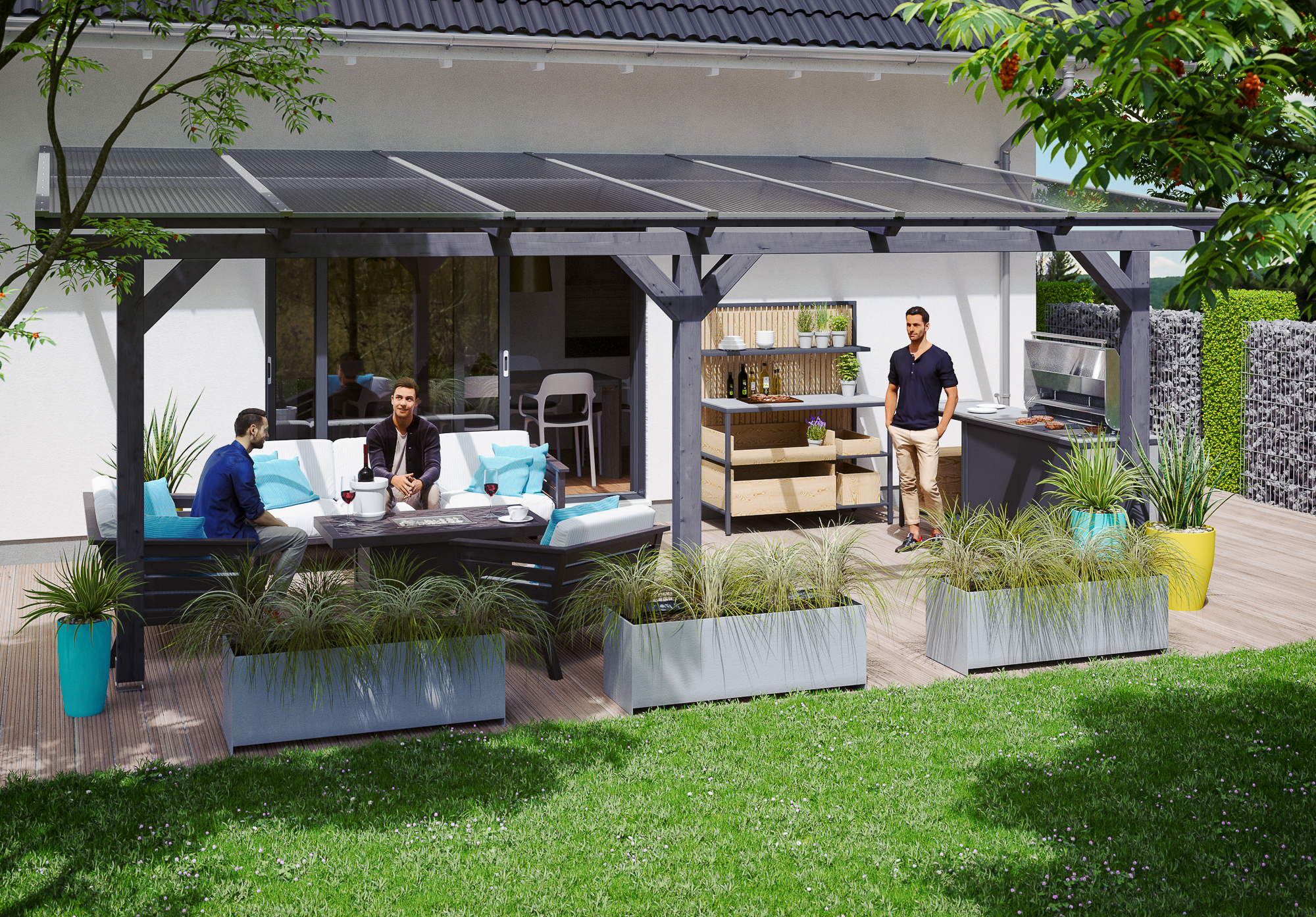 Terrasoverkapping Andria 648 x 250 cm, gelamineerd hout, gelakt in leigrijs