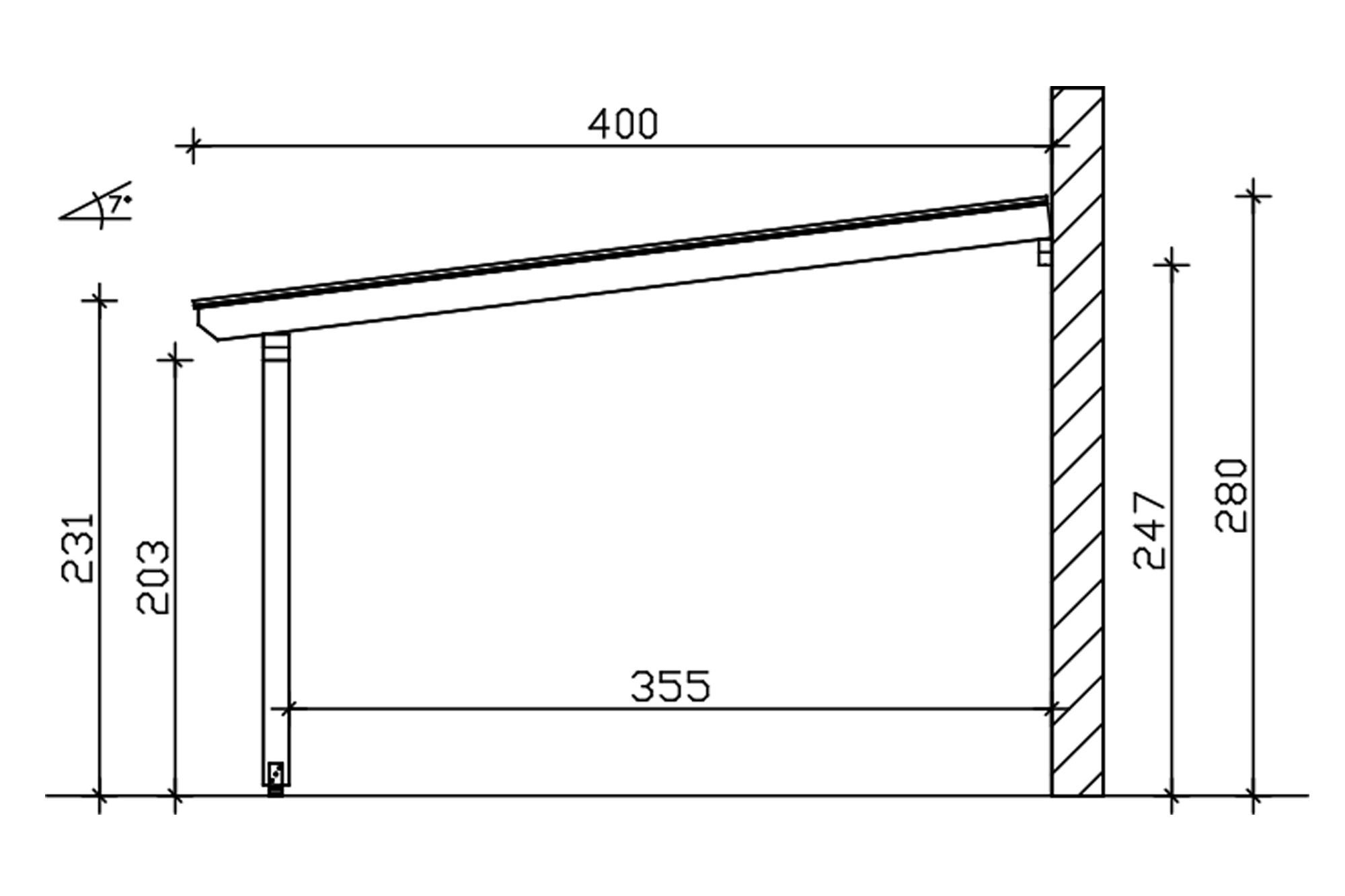 Grafik (Schnitt): Terrassenüberdachung Andria/Bormio, Tiefe 400 cm
