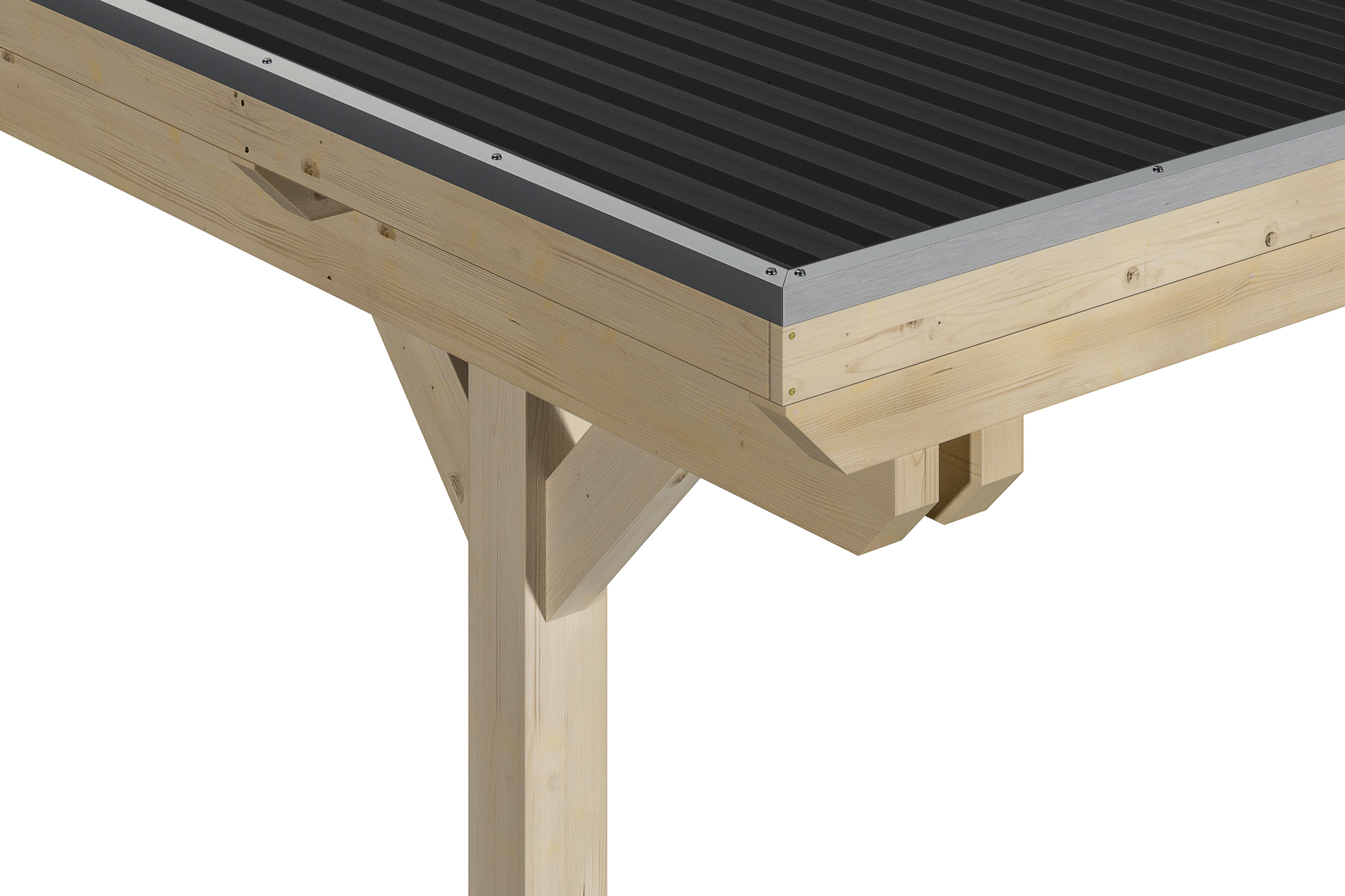 Detailbild: Konstruktion beim Carport Emsland von oben (Pfosten, Doppelpfette, Dachplatten und Blende mit Aluminiumabschlusskante)