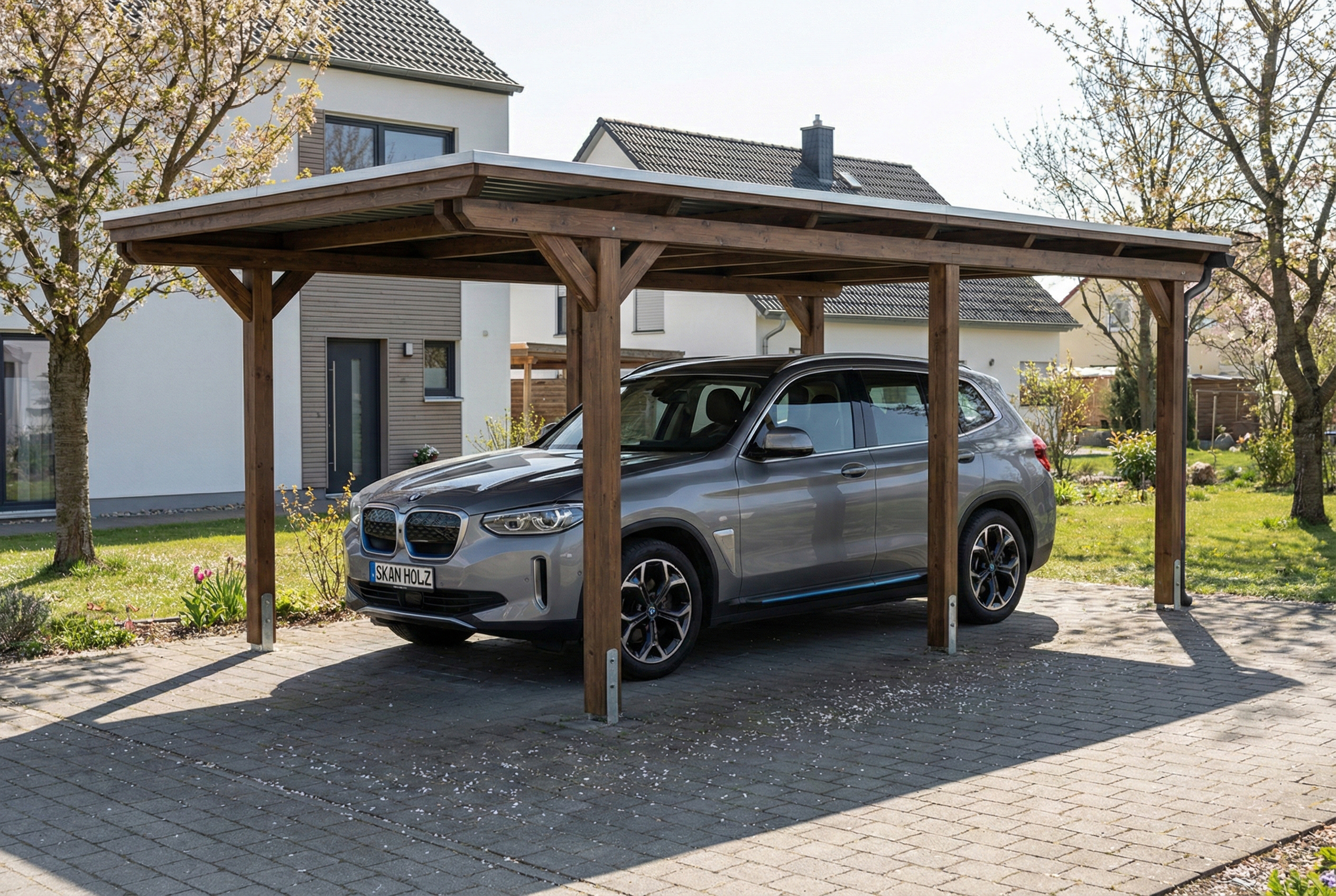 Carport Emsland 340 x 604 cm mit EPDM-Dach, nussbaum