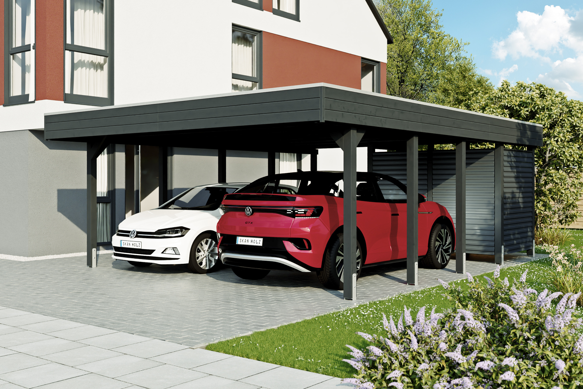 Ambientebild: Carport Friesland Set 14, 557 x 708 cm, mit Abstellraum, farblich behandelt in anthrazit
