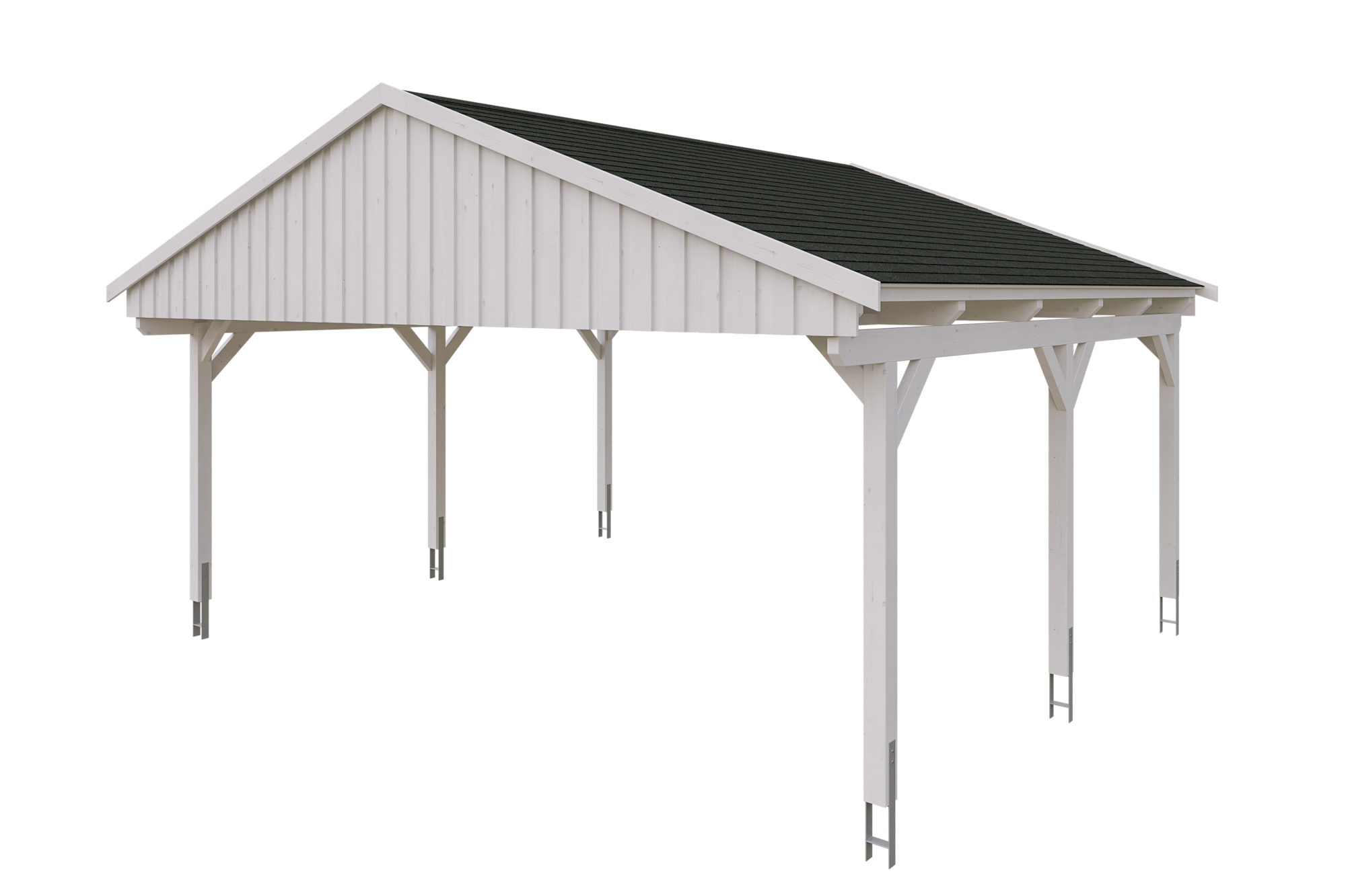 Produktbild: Carport Fichtelberg 618 x 566 cm, farblich behandelt in weiß, mit schwarzen Dachschindeln