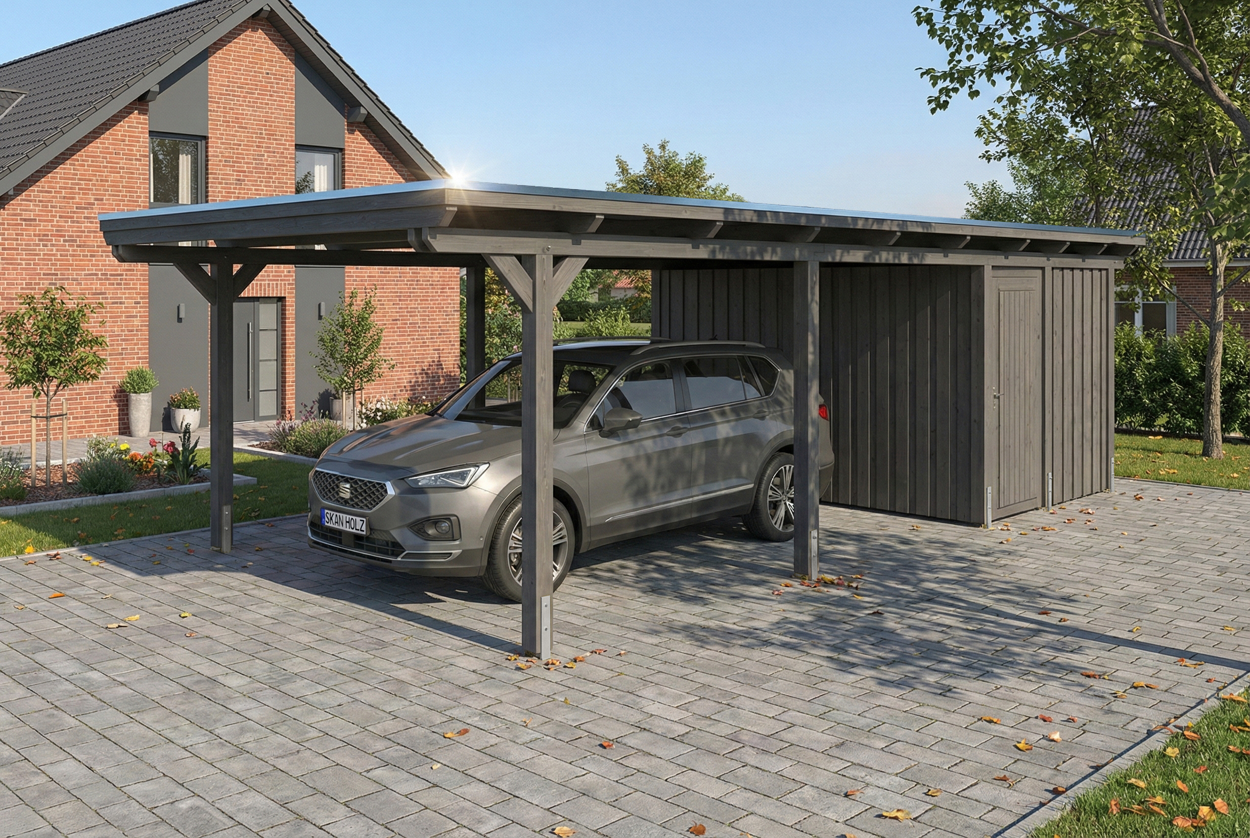 Carport Emsland 402 x 846 cm met EPDM dak, met bergruimte, leigrijs