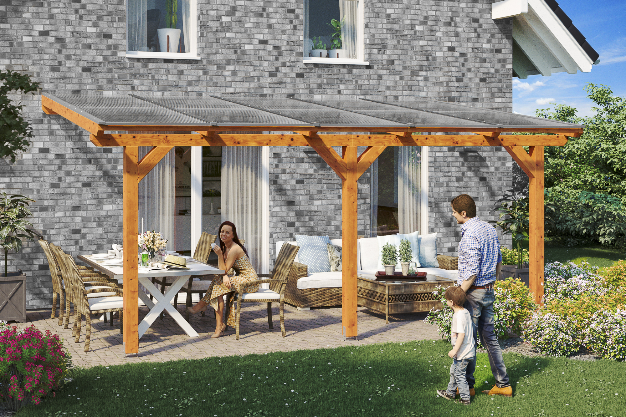 Ambientebild: Terrassenüberdachung Bormio, Breite 541cm, farblich behandelt in eiche hell