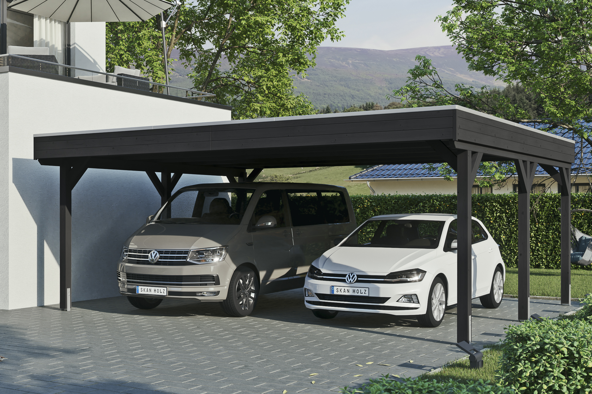 Ambientebild: Carport Grunewald 622 x 554 cm, farblich behandelt in anthrazit