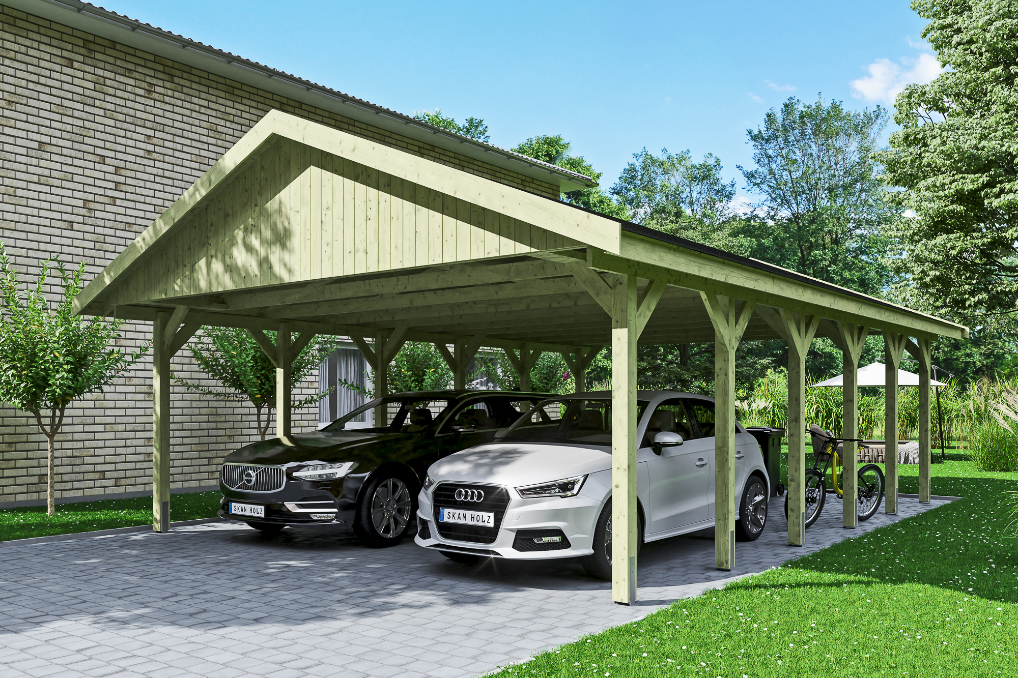 Ambientebild: Carport Wallgau 620 x 900 cm, mit schwarzen Dachschindeln, grün imprägniert
