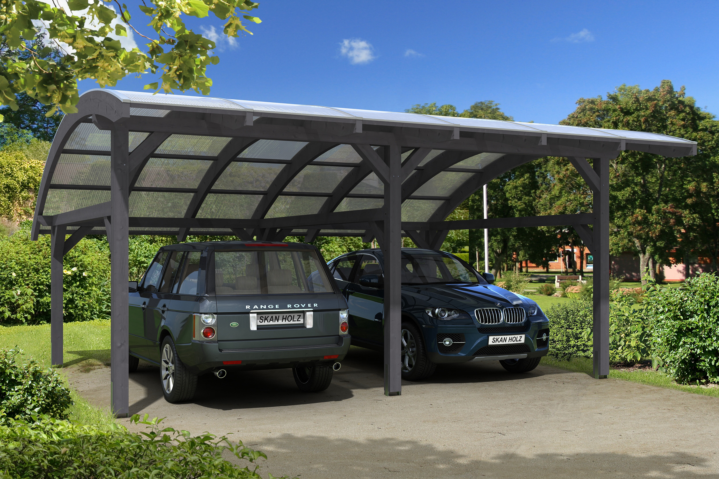 Ambientebild: Carport Schwaben 648 x 630 cm, farblich behandelt in schiefergrau