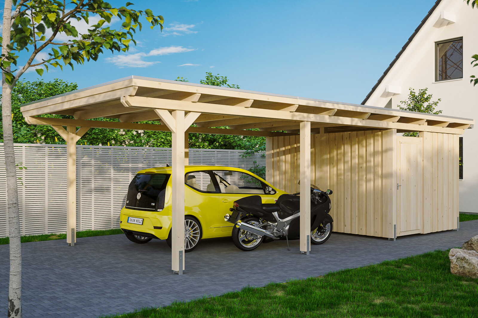 Carport Emsland 404 x 846 cm mit EPDM-Dach, mit Abstellraum, natur