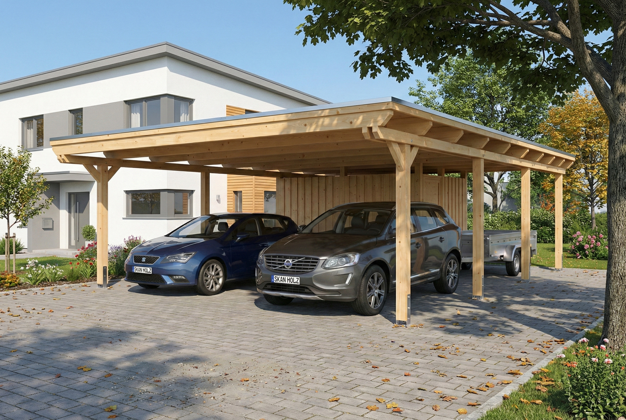 Carport Emsland 609 x 846 cm mit EPDM-Dach, mit Abstellraum, natur