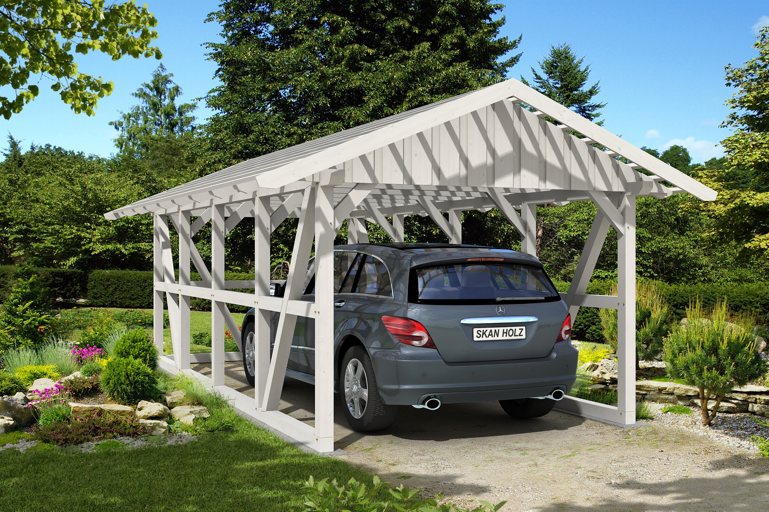 Carport Schwarzwald 424 x 772 cm mit Rückwand, weiß, mit Dachlattung