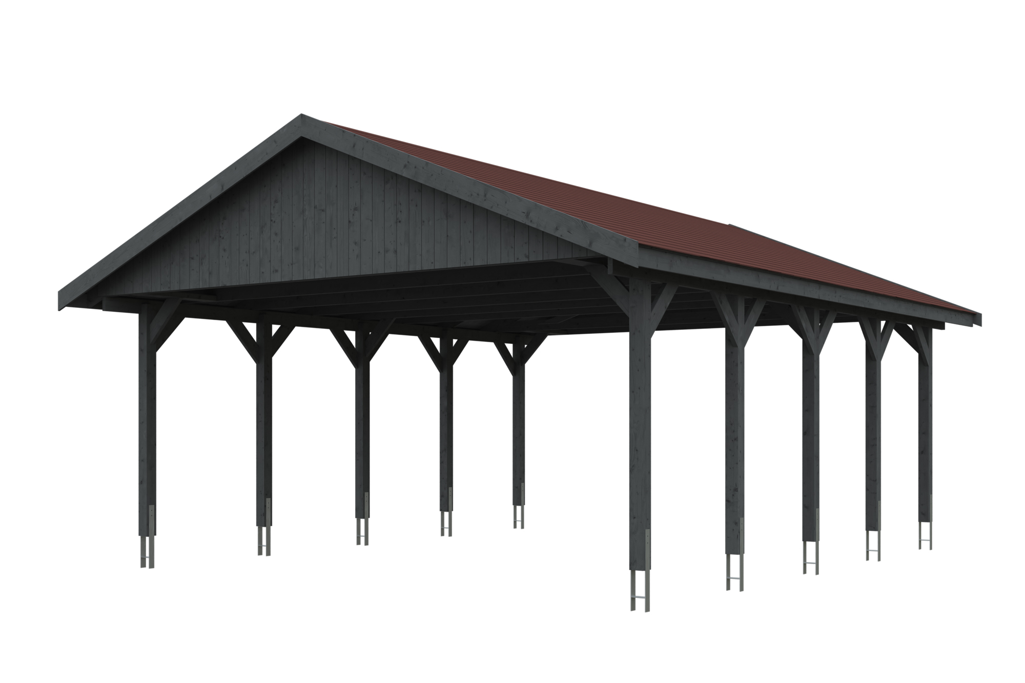 Carport Wallgau 620 x 750 cm, gelakt in leigrijs, inclusief rode dakshingels