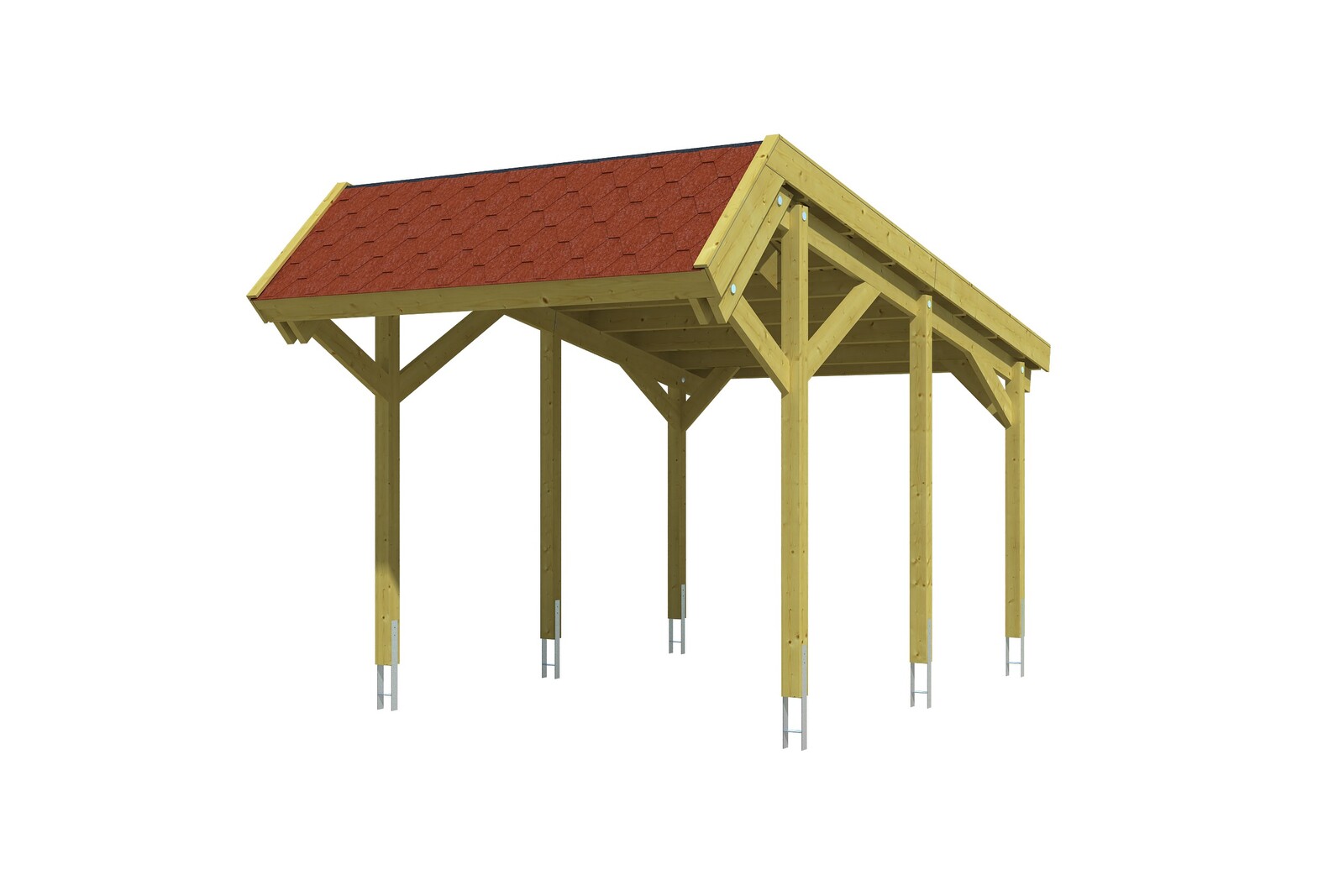 Carport HARZ 321x560cm, avec bardeaux rouges, bois résineux imprégné vert