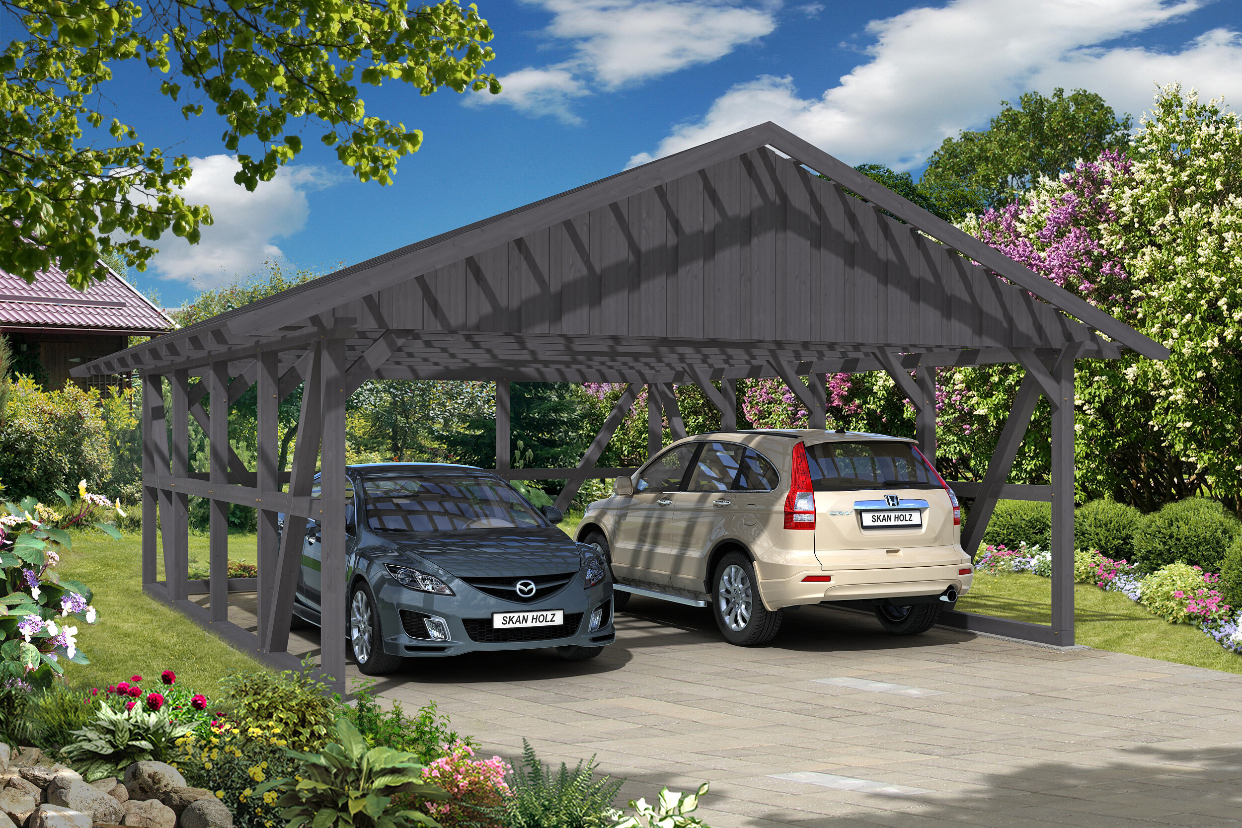 Carport Schwarzwald 684 x 772 cm mit Rückwand, schiefergrau, mit Dachlattung