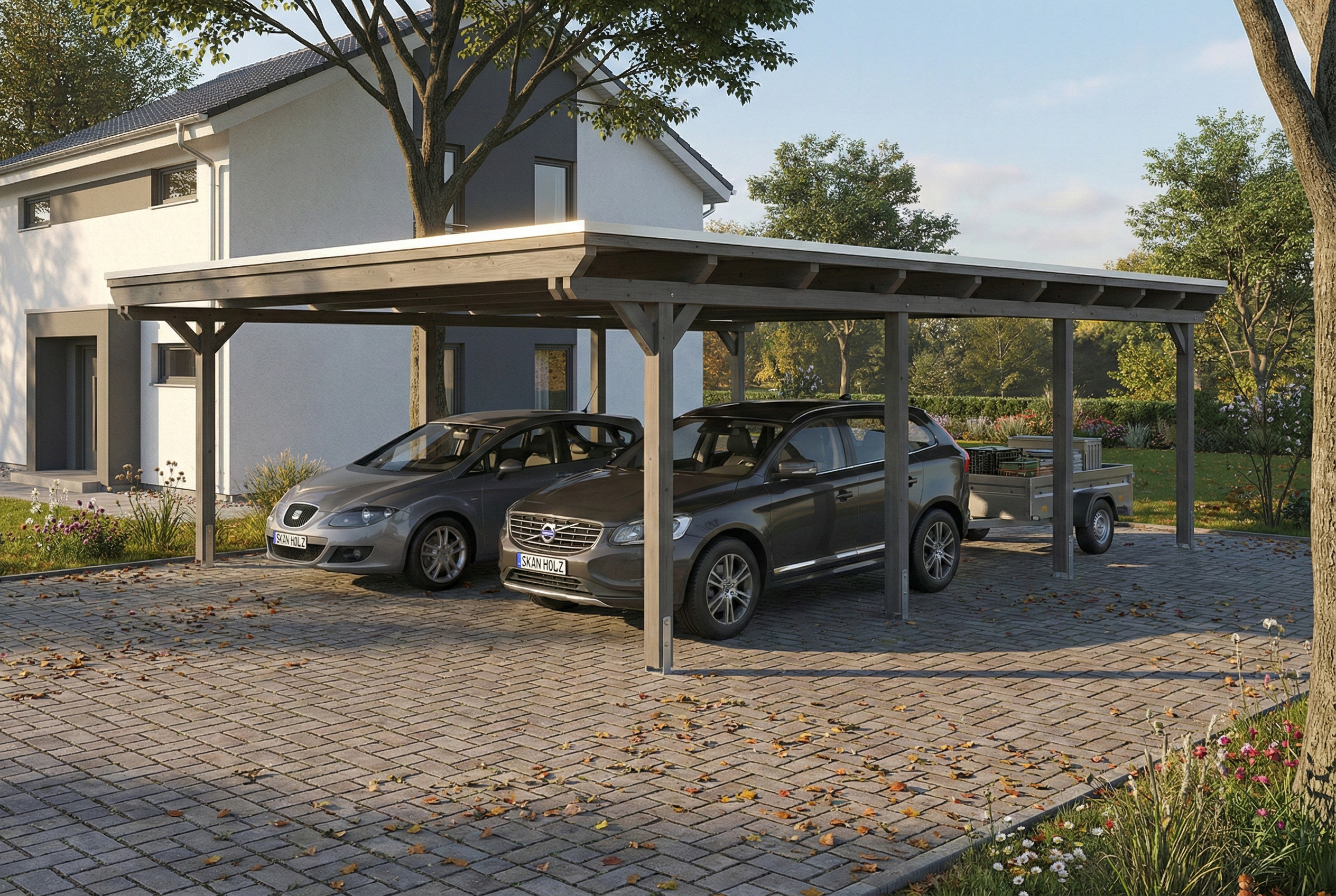 Carport Emsland 609 x 846 cm, stalen dakplaten met anticondensvlies, leigrijs