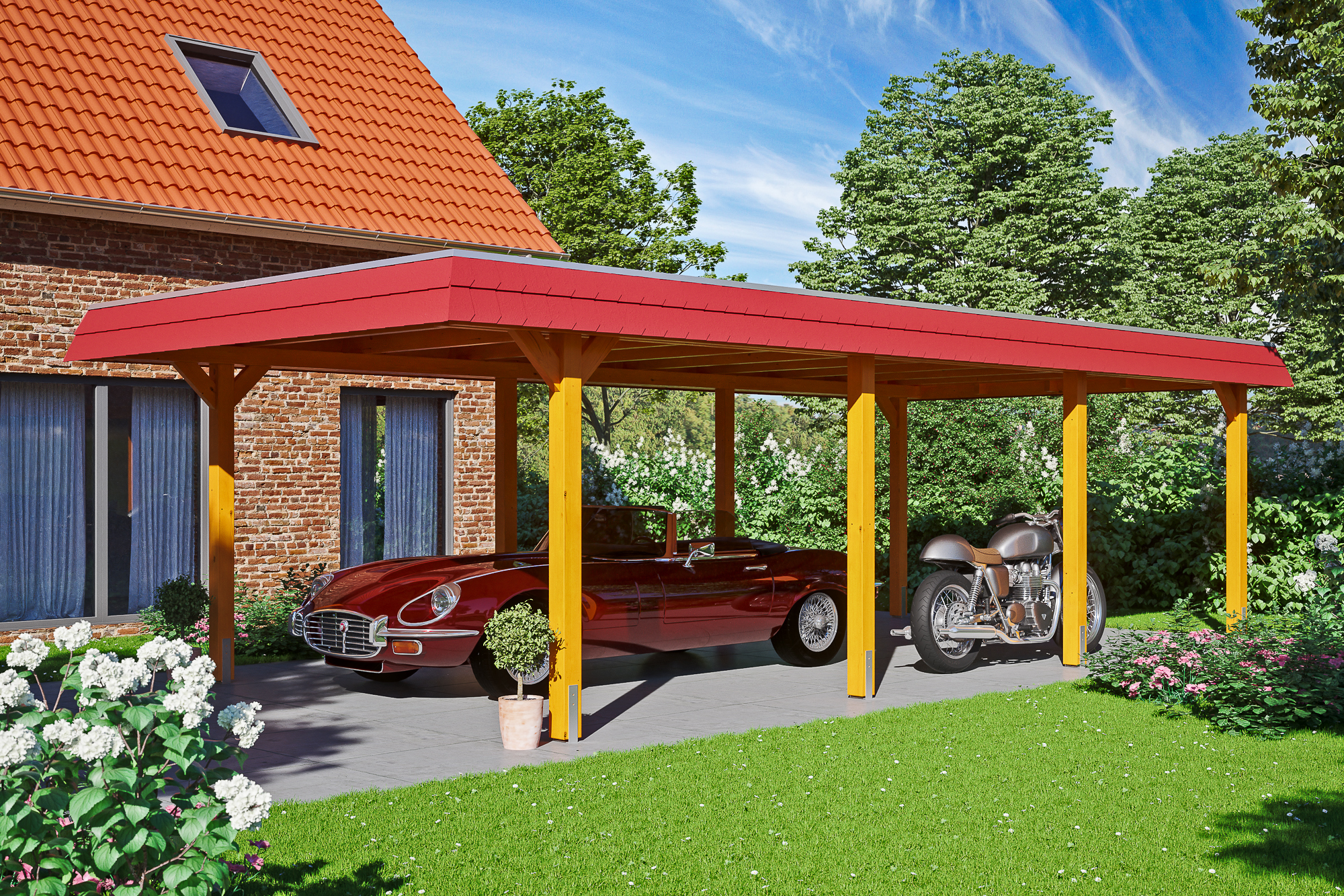 Ambientebild: Carport Wendland 409 x 870 cm, mit roter Blende, farblich behandelt in eiche hell