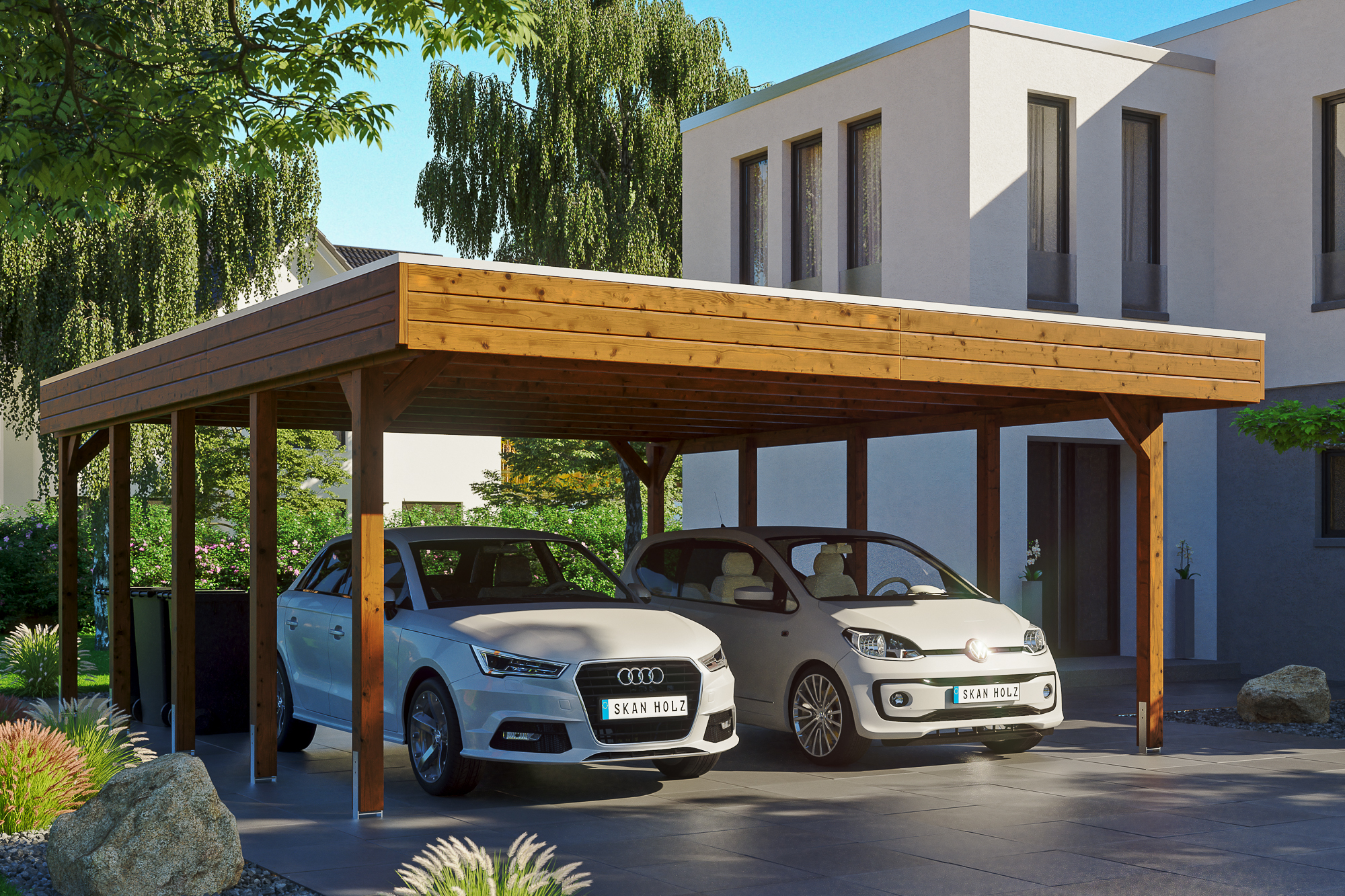 Ambientebild: Carport Friesland 557 x 708 cm, farblich behandelt in nussbaum