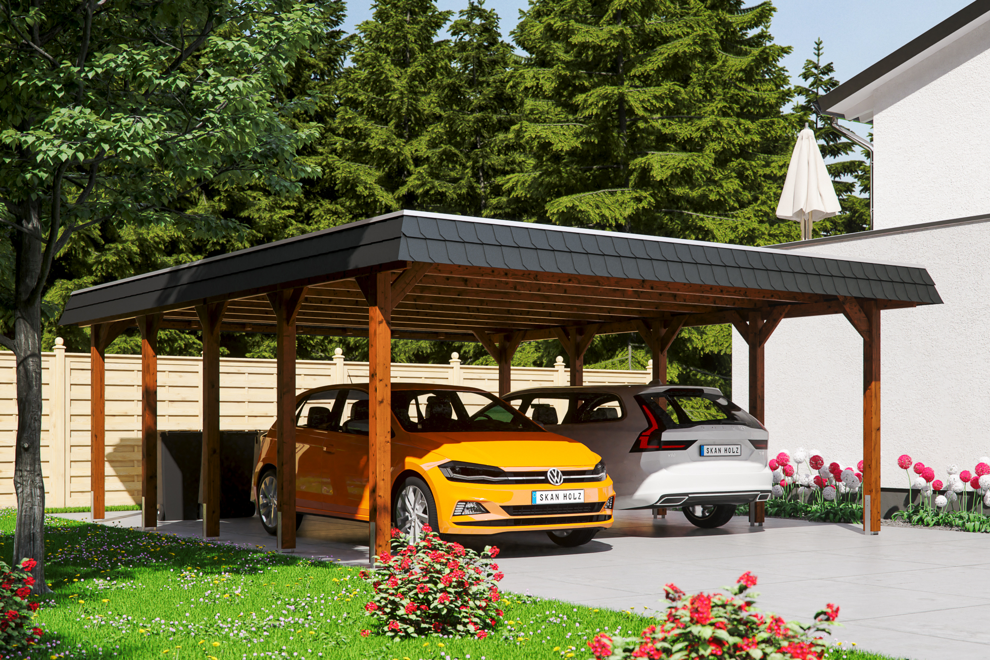 Ambientebild: Carport Spreewald 585 x 741 cm mit schwarzer Blende, farblich behandelt in nussbaum