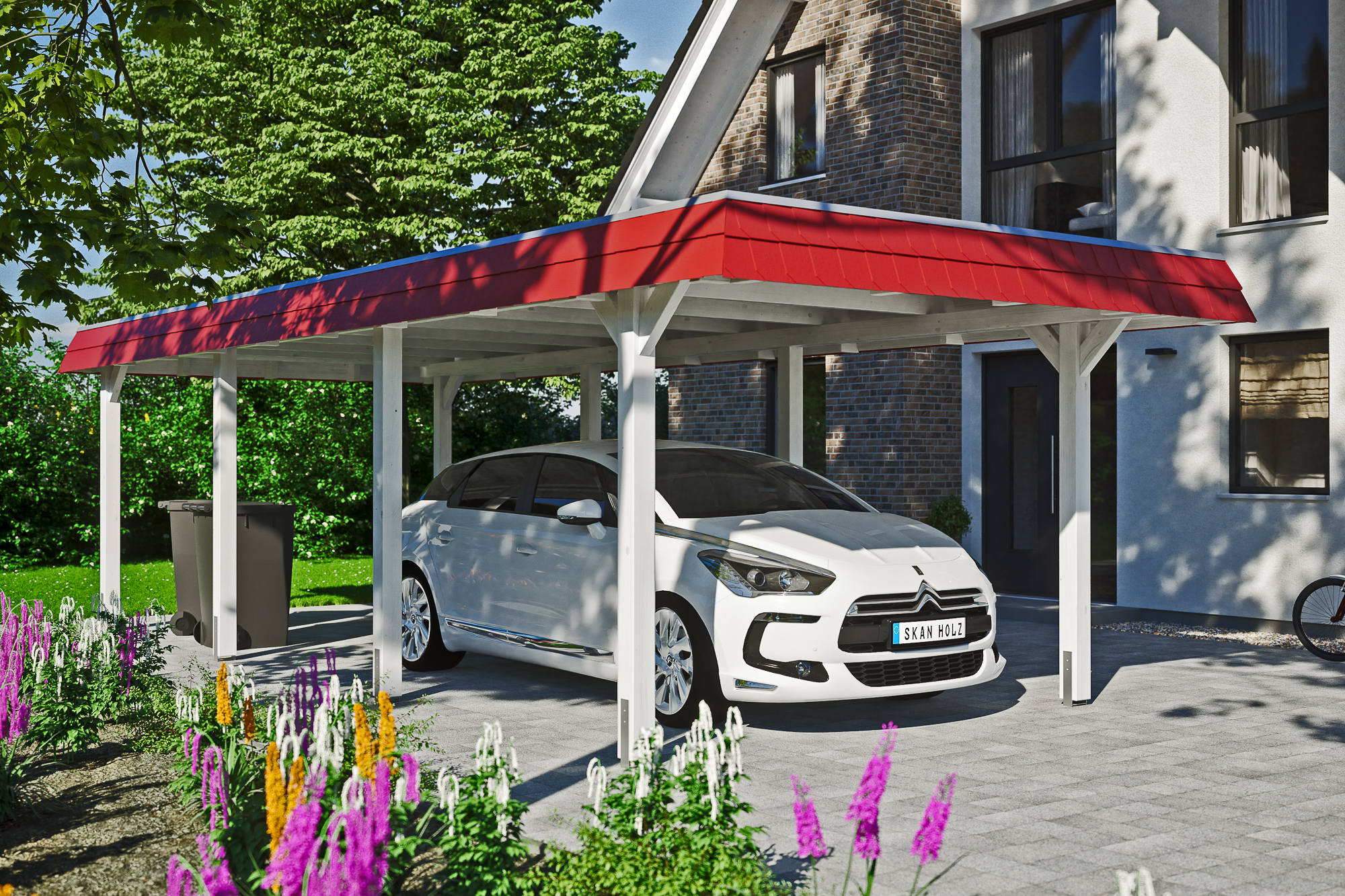 Ambientebild: Carport Wendland 362 x 870 cm, mit roter Blende, farblich behandelt in weiß