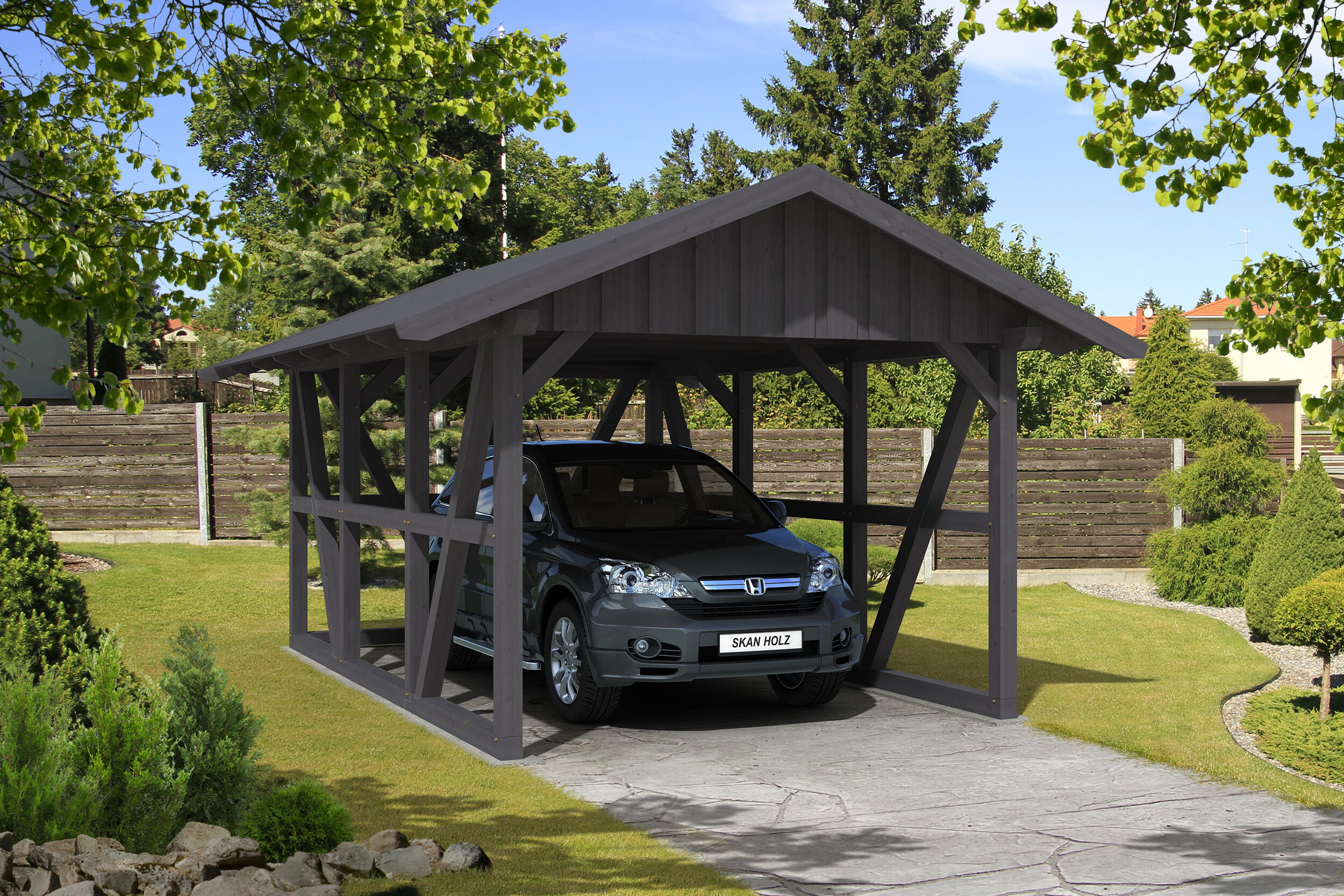 Carport Schwarzwald 424 x 600 cm mit Rückwand, schiefergrau, mit Dachschalung
