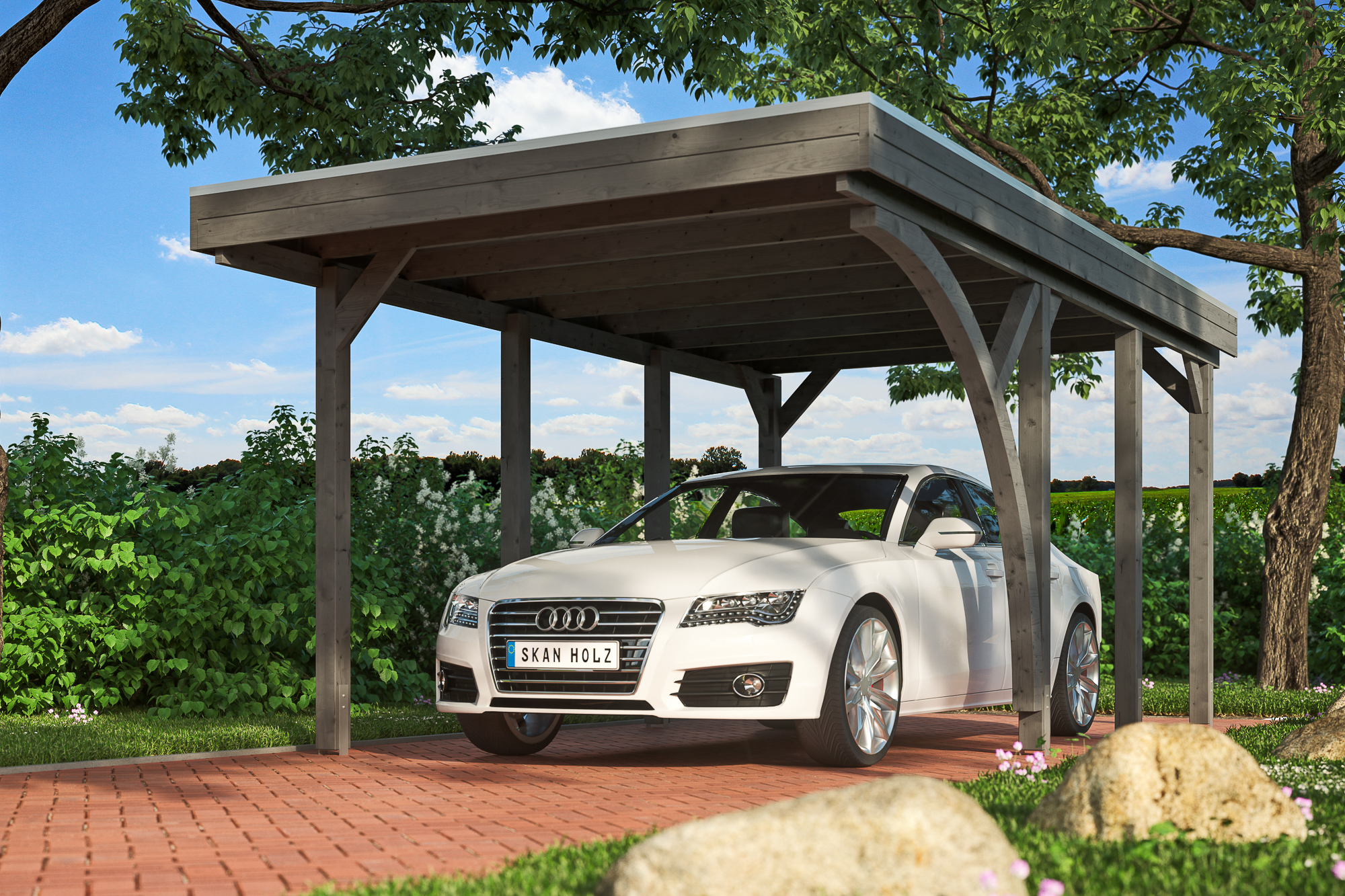 Ambientebild: Carport Friesland mit 1 Einfahrtsbogen_farblich behandelt in schiefergrau