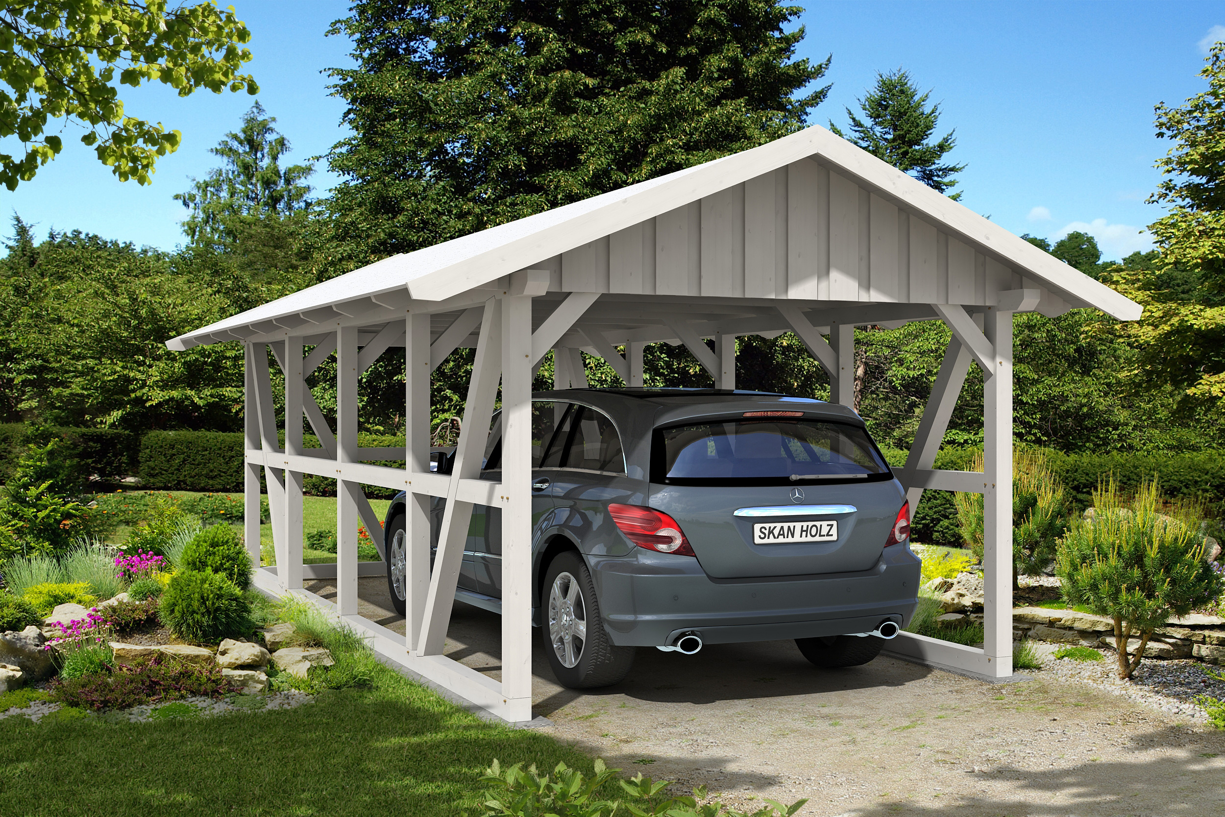 Carport SCHWARZWALD 434x772cm avec paroi arriere, planches de toit, KVH-bois d'épinette, traitement coloré blanc