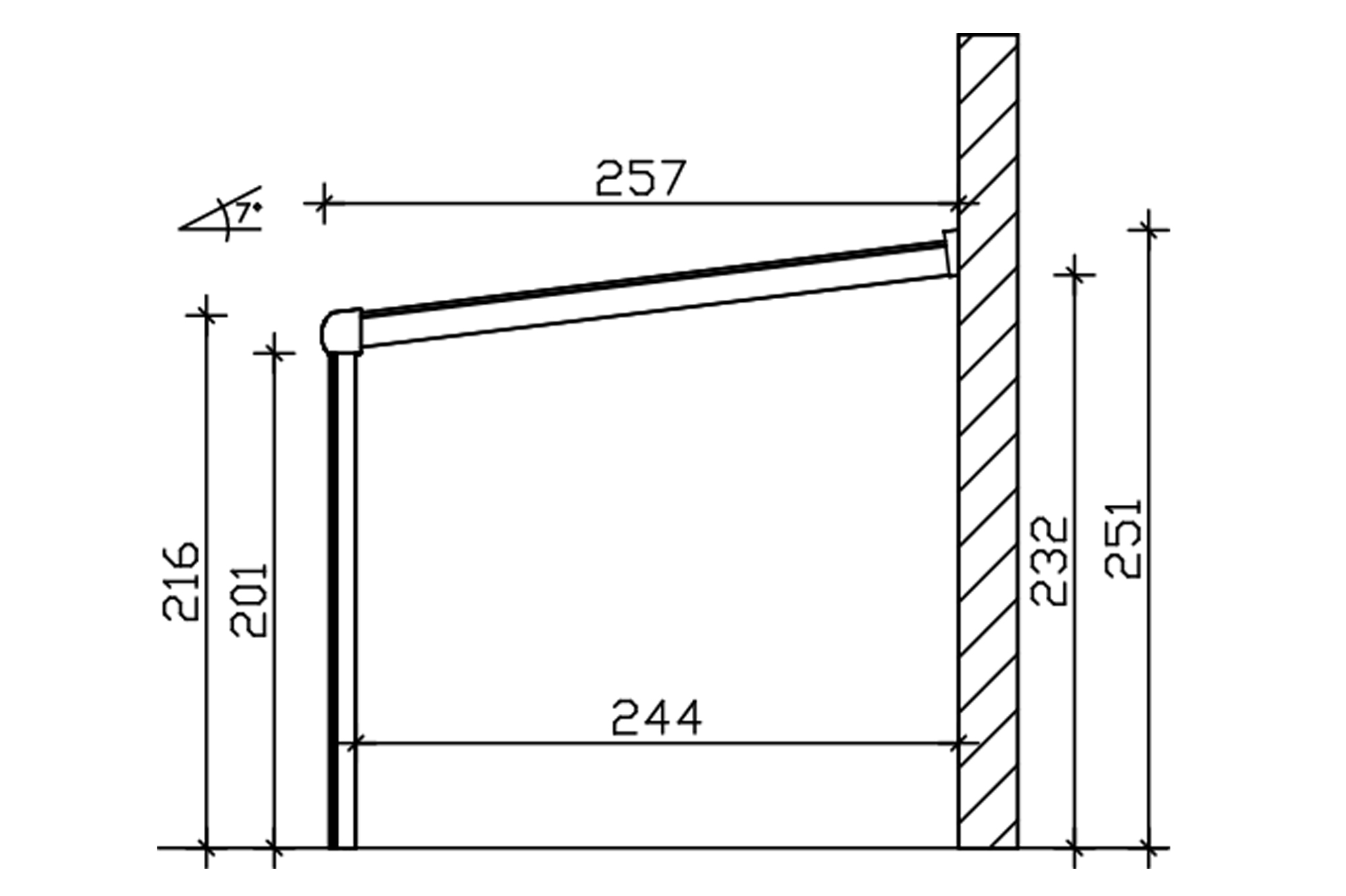 Grafik (Schnitt): Terrassenüberdachung Garda, Tiefe 257 cm