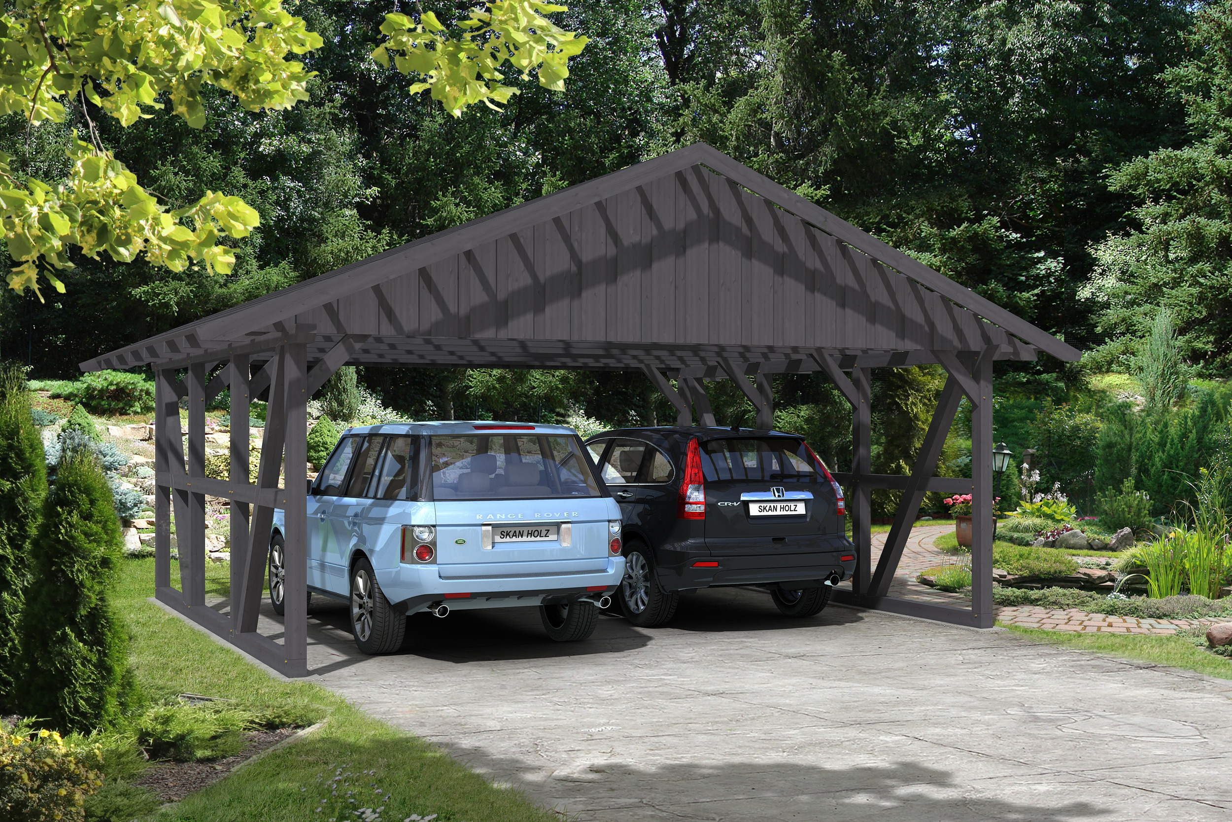 Carport Schwarzwald 684 x 600 cm met daklatten, gelakt in leigrijs