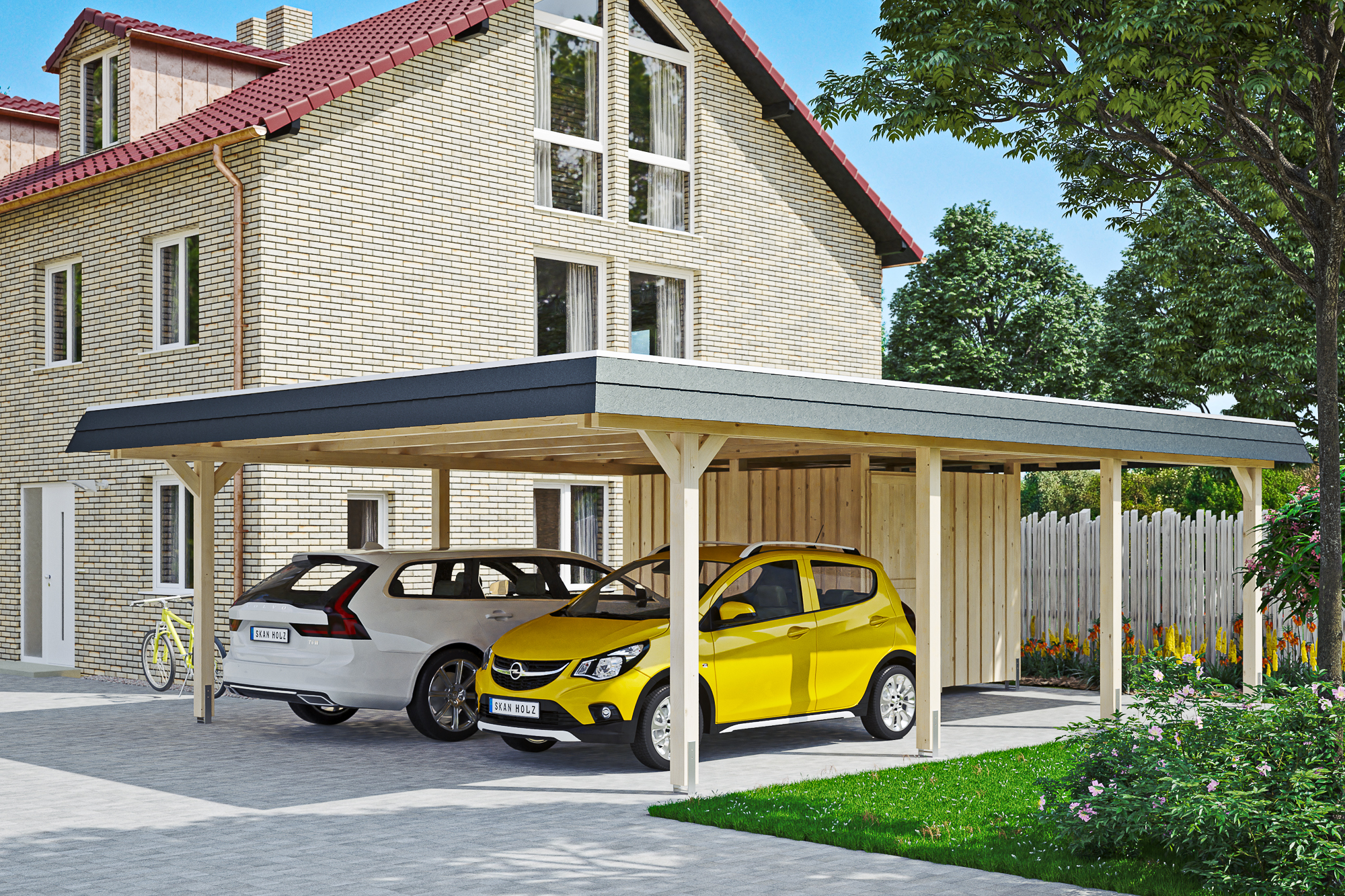 Ambientebild: Carport Wendland 630 x 879 cm, mit Abstellraum, mit schwarzer Blende